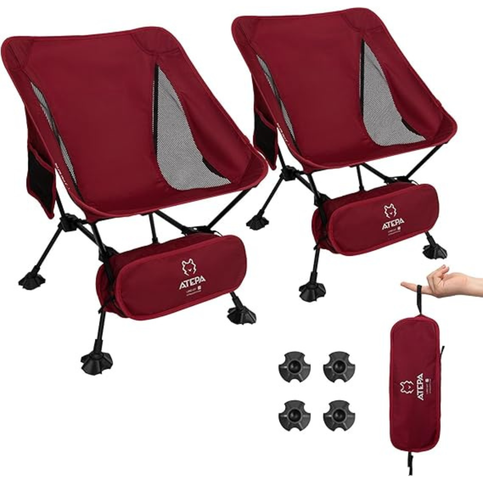 Atepa Ultralight Foldable Camping Chair Black Portable Chair for Camping 2-Pack Darkred