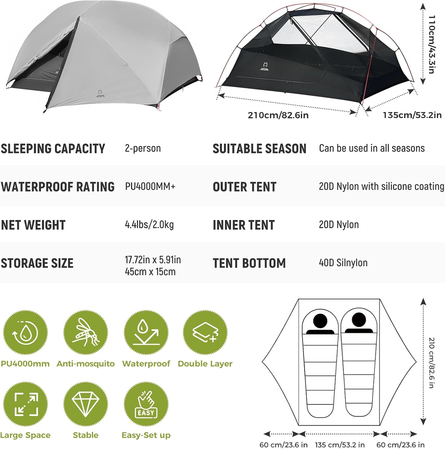 ATEPA 2-Person Ultralight Backpacking Tent GREY
