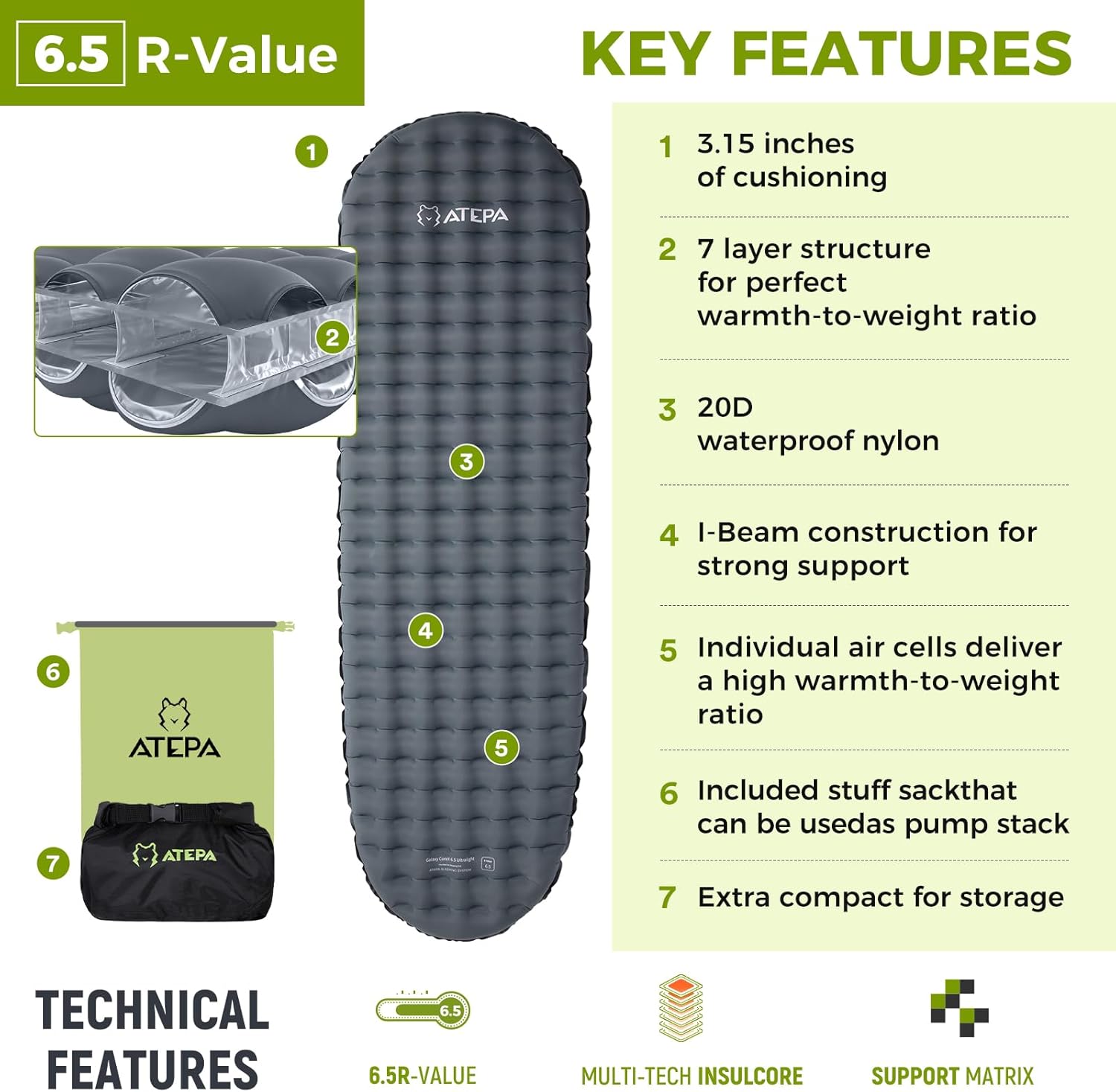 ATEPA All Season Backpacking Sleeping Pad | Insulated & Ultralight Mummy Sleeping Pad R-Value 6.5 GREY