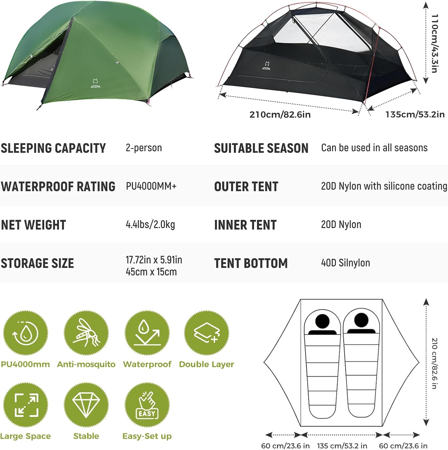 ATEPA 2-Person Ultralight Backpacking Tent GREEN