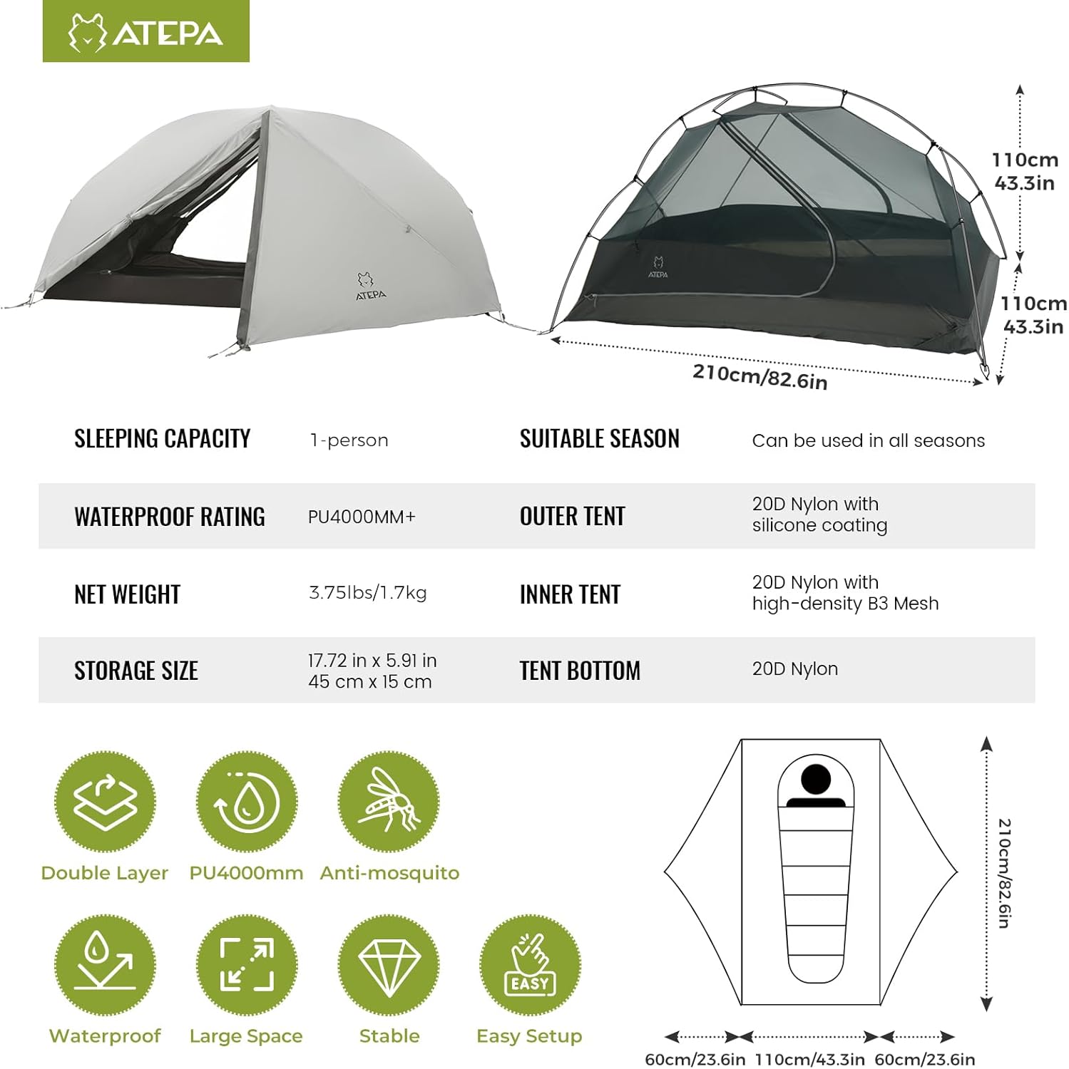 ATEPA 1-Person Ultralight Backpacking Tent Grey