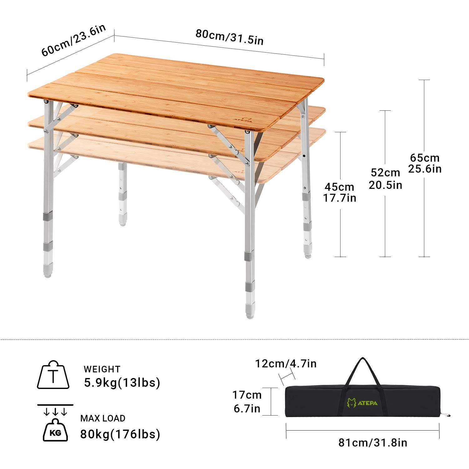Table de camping carrée pliable en bambou ATEPA 6060