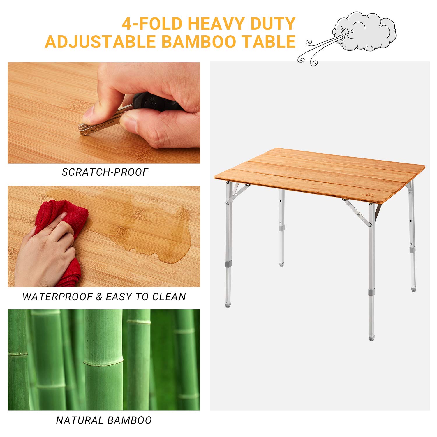 Table de camping carrée pliable en bambou ATEPA 6060