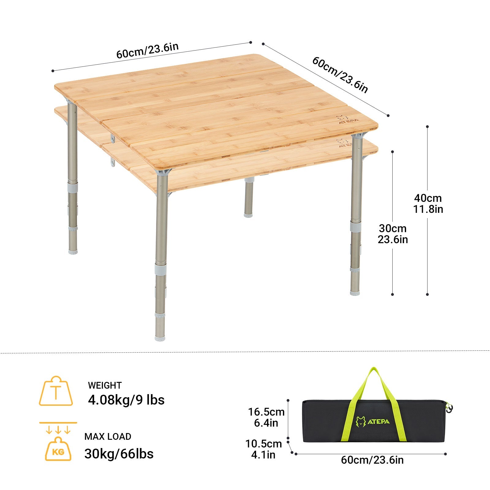 Table de camping carrée pliable en bambou ATEPA 6060