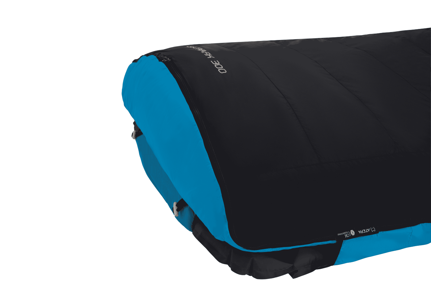 Down sleeping bag featuring insulated hood and shoulder baffle for enhanced warmth