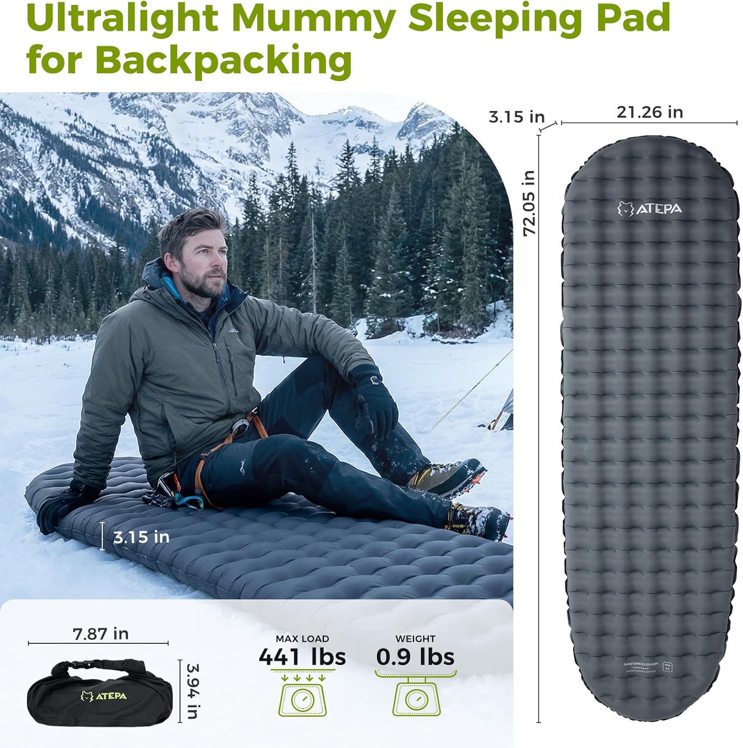 ATEPA All Season Backpacking Sleeping Pad | Insulated & Ultralight Mummy Sleeping Pad R-Value 6.5 GREY
