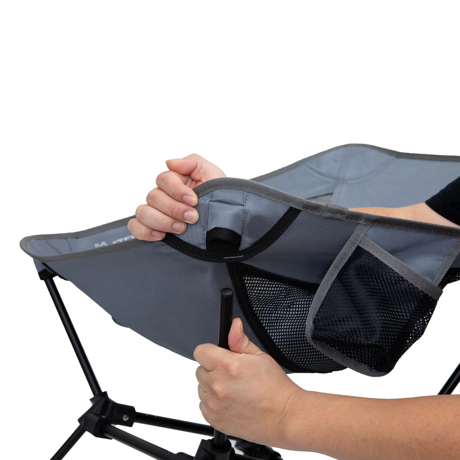 Step-by-step folding view of tall camping chair with lightweight frame