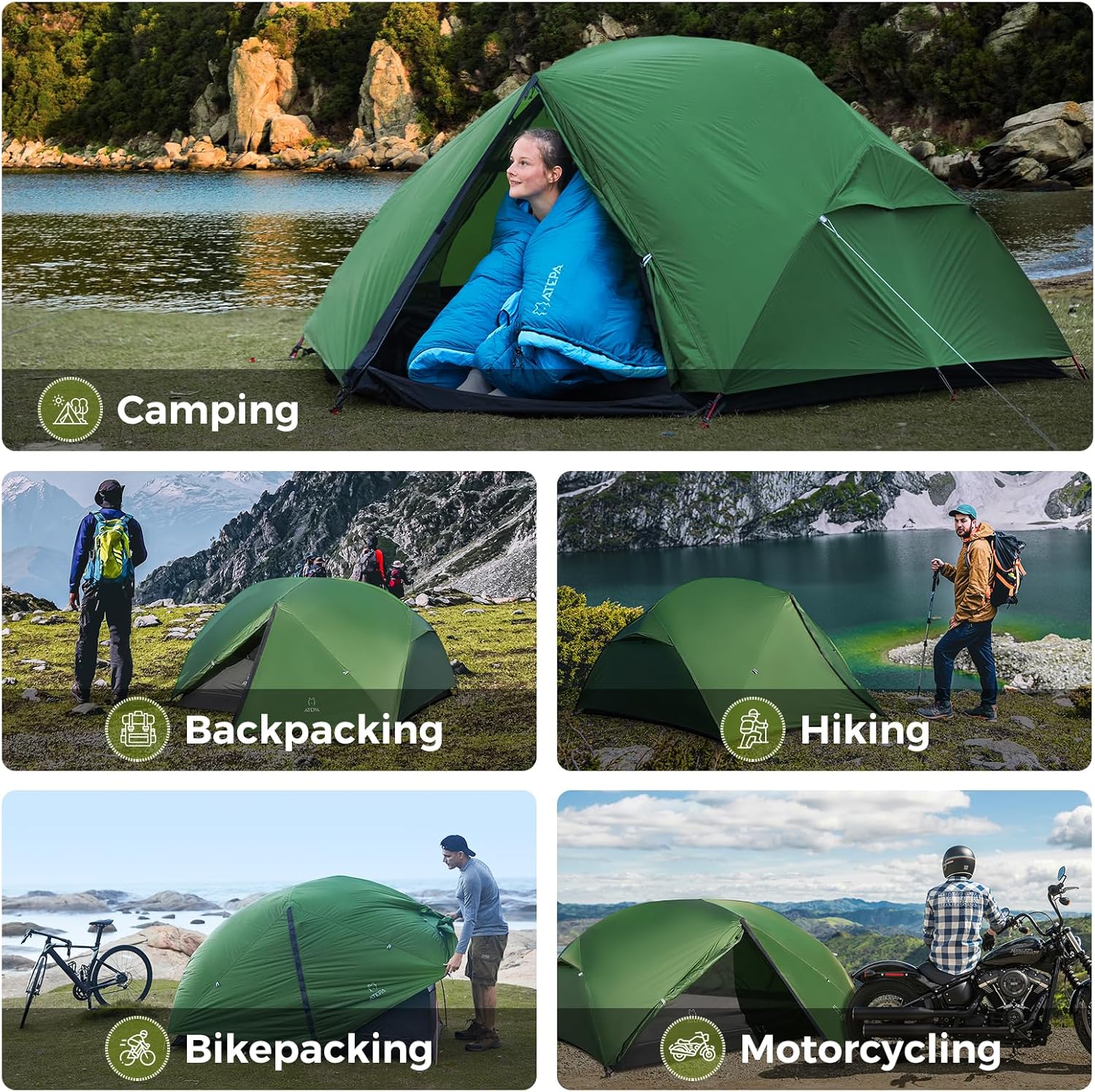 ATEPA 2-Person Ultralight Backpacking Tent GREEN