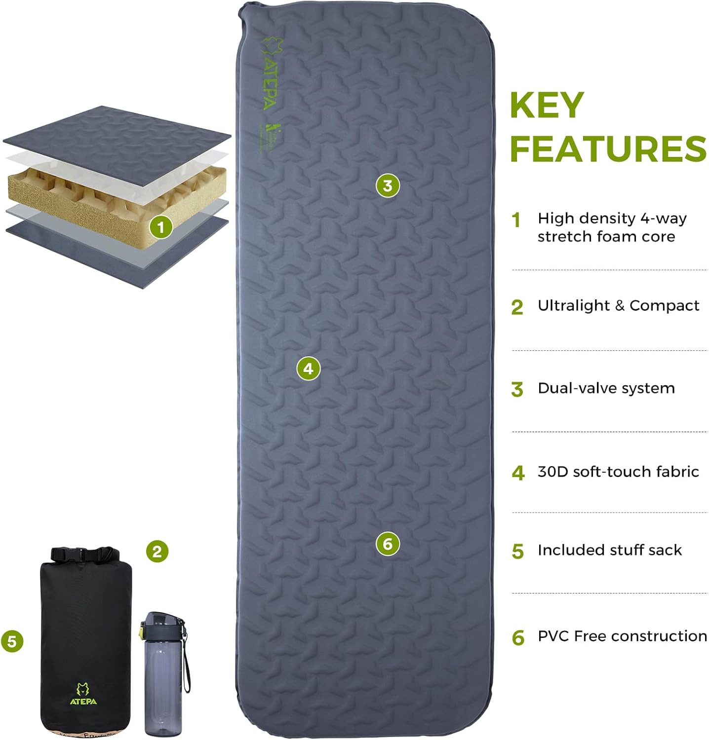ATEPA Self-Inflating Sleeping Pad With Compact Foam for Backpacking 3 Season Mat HybridLoft Grey