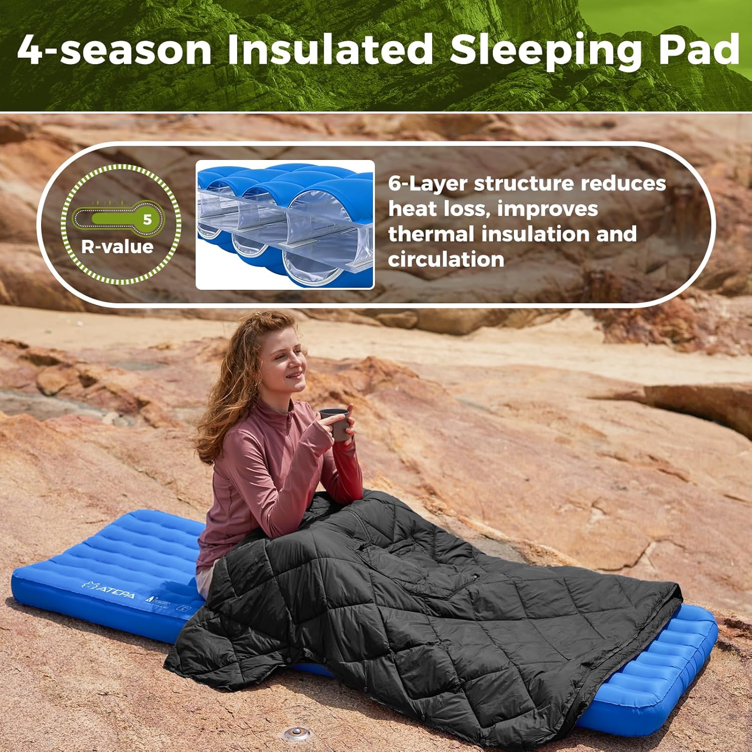 ATEPA Ultralight Insulated Sleeping Pad | R-Value 5.0 for 3 Season Backpacking ThermAir Navy