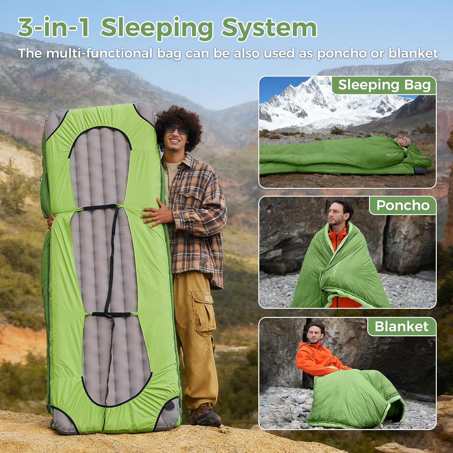 ATEPA 3-in-1 Daunenschlafsack mit Kapuze BULWARK Grün 12°C bis -2°C