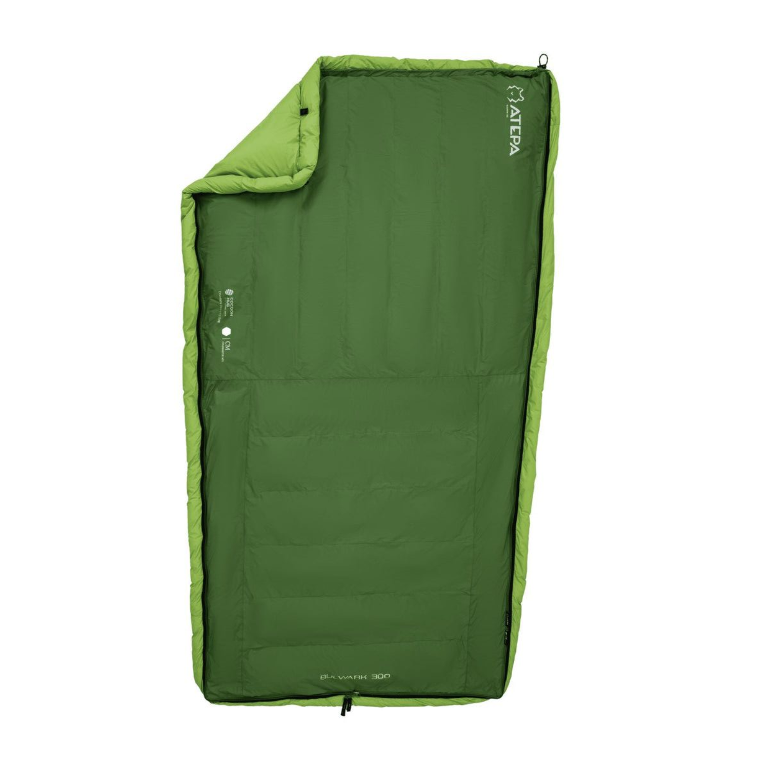 Lightweight sleeping bag in green color with hooded design