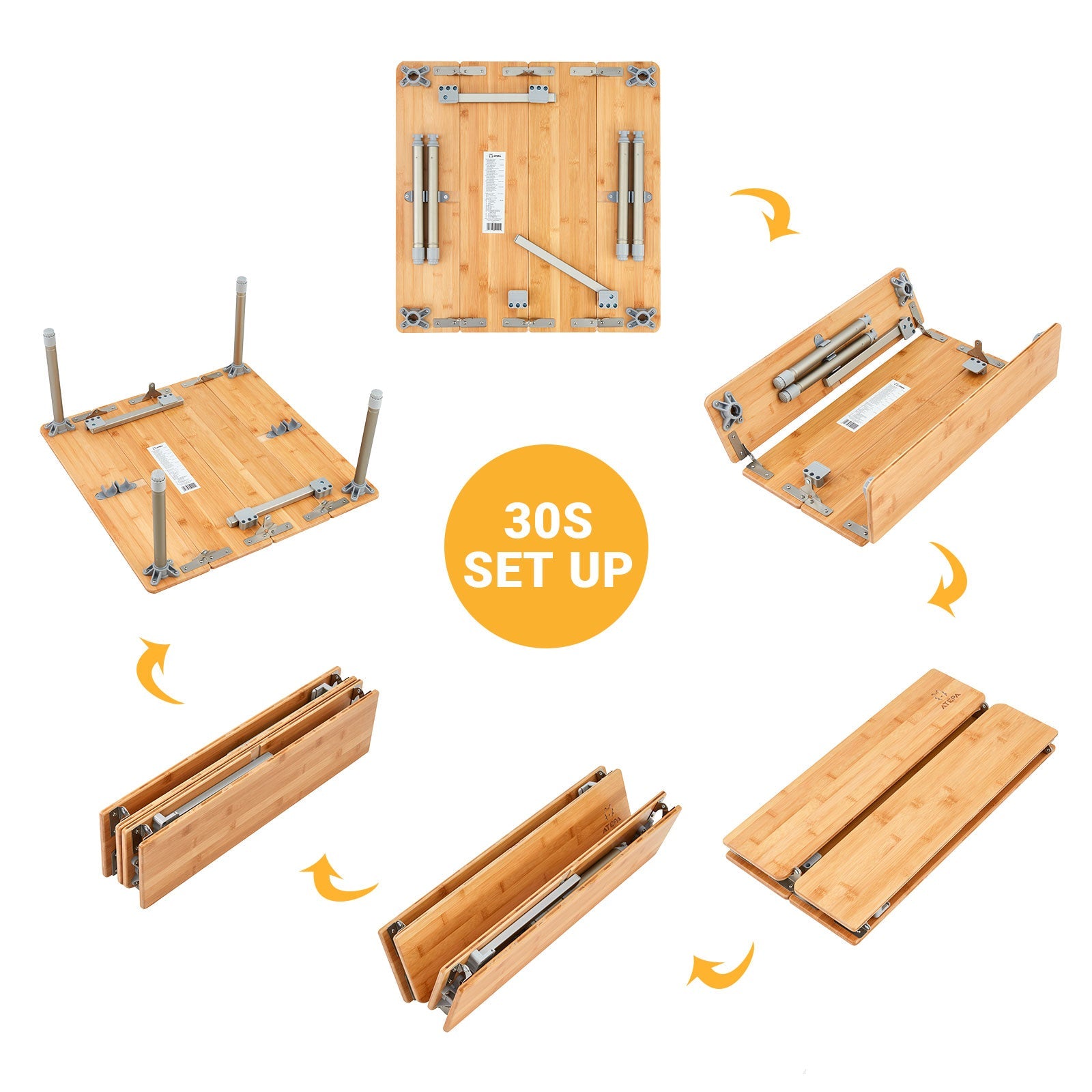 Table de camping carrée pliable en bambou ATEPA 6060