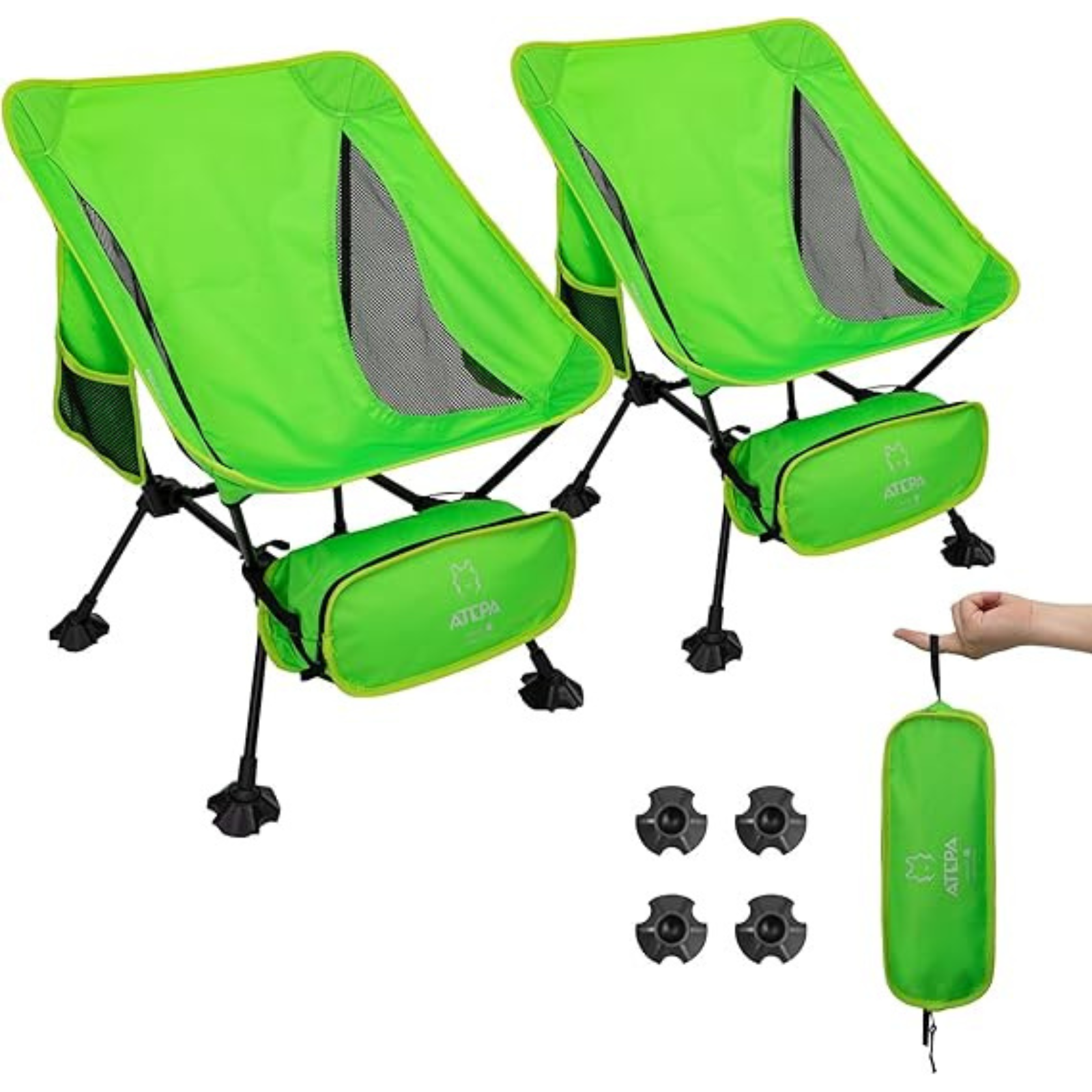 Atepa Ultralight Foldable Camping Chair Black Portable Chair for Camping 2-Pack Lightgreen