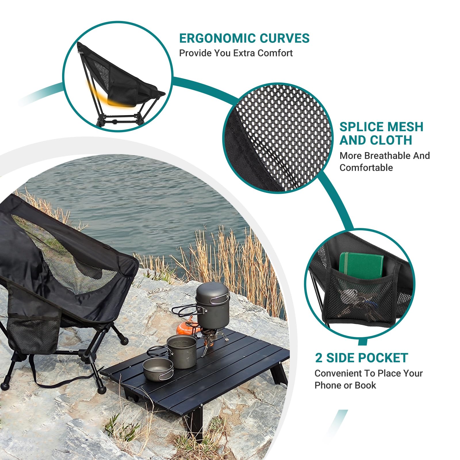 ATEPA Ergonomic Low Chair highlighting the breathable splice mesh and convenient 2 side pockets for maximum portable comfort on the rocks