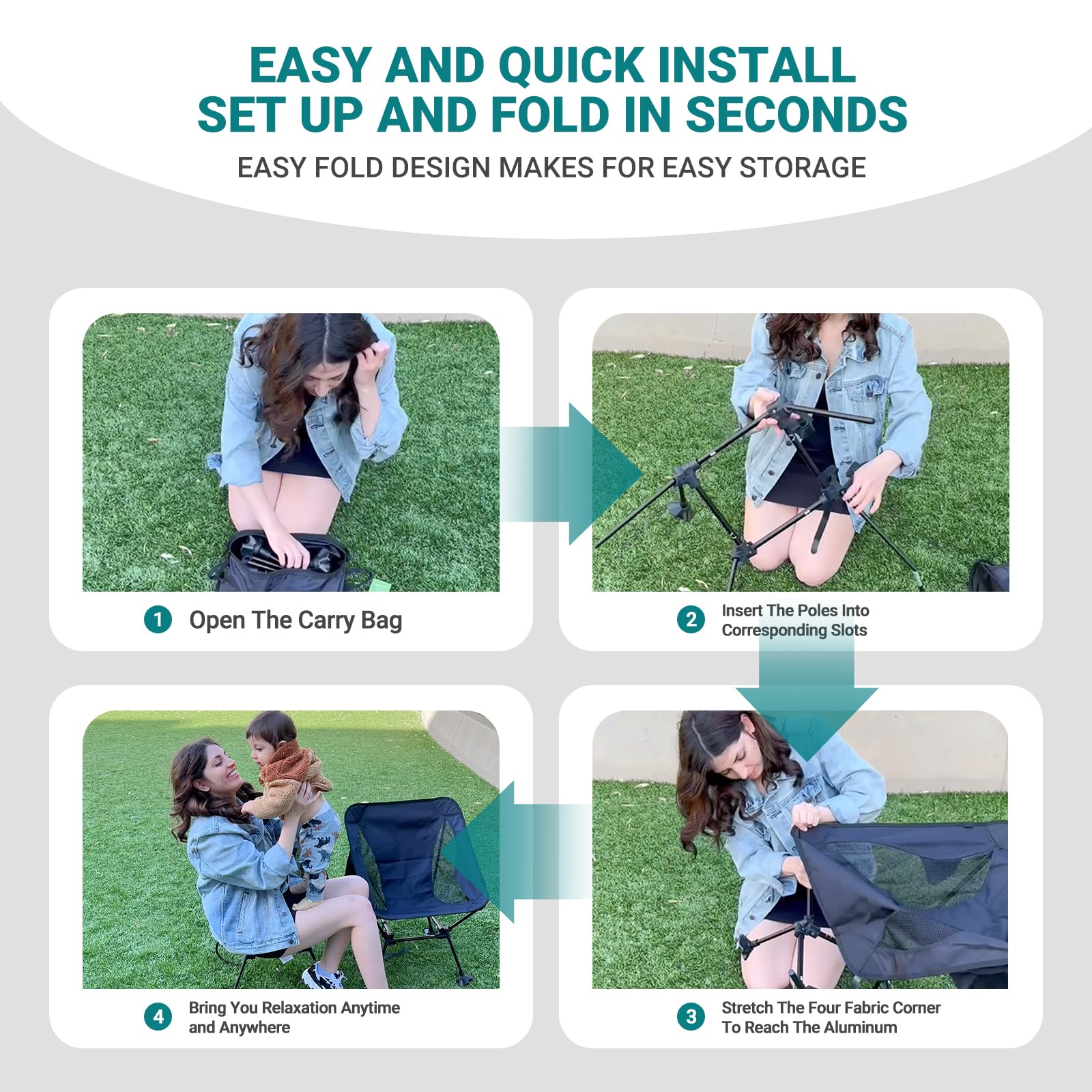 ATEPA Foldable Camping Chair quick setup and fold in seconds instructions, demonstrating the easy pole assembly for convenient family use on the lawn.