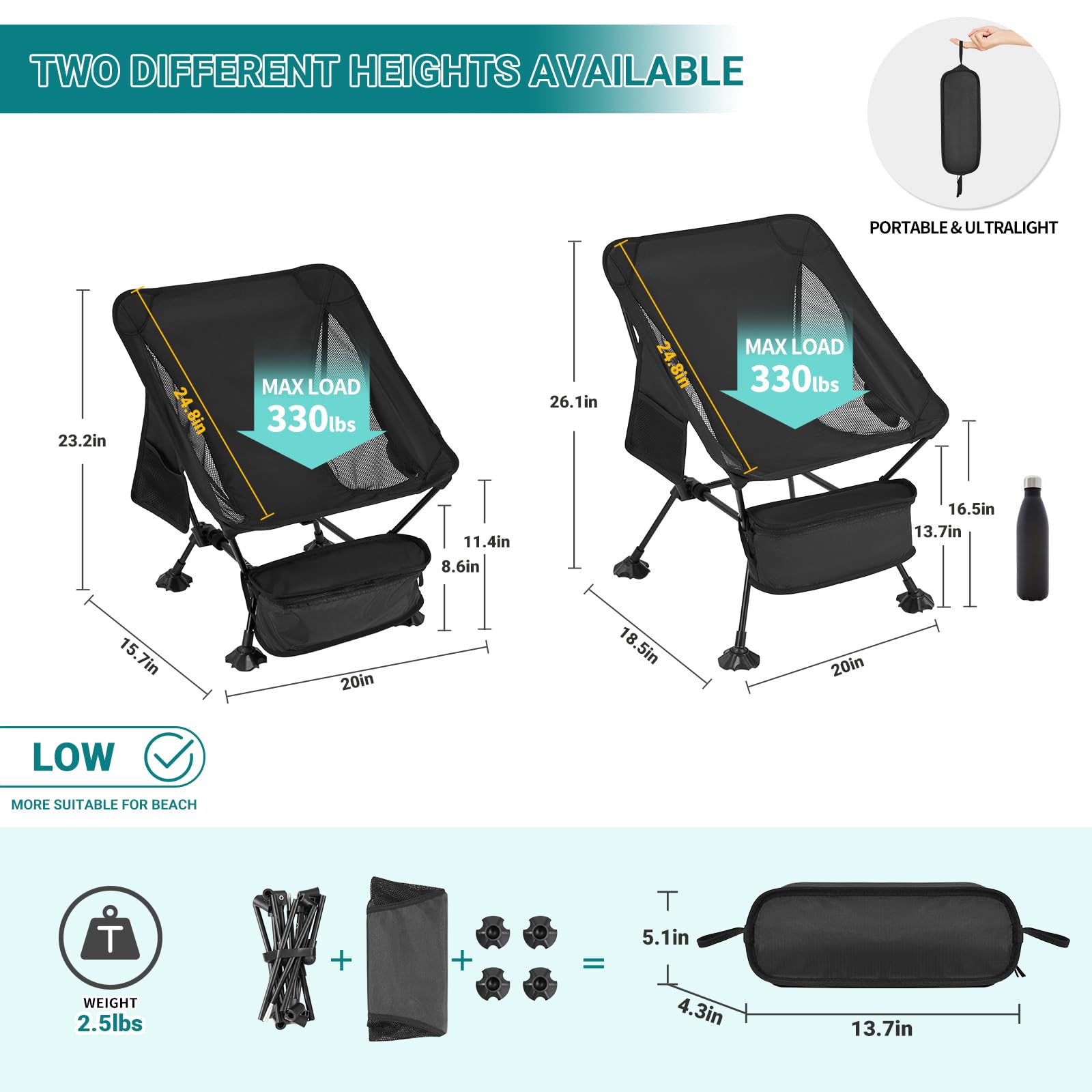 ATEPA Foldable Ultralight Camping Chair showing two different heights available and 330lbs max load capacity with compact carry bag dimensions.