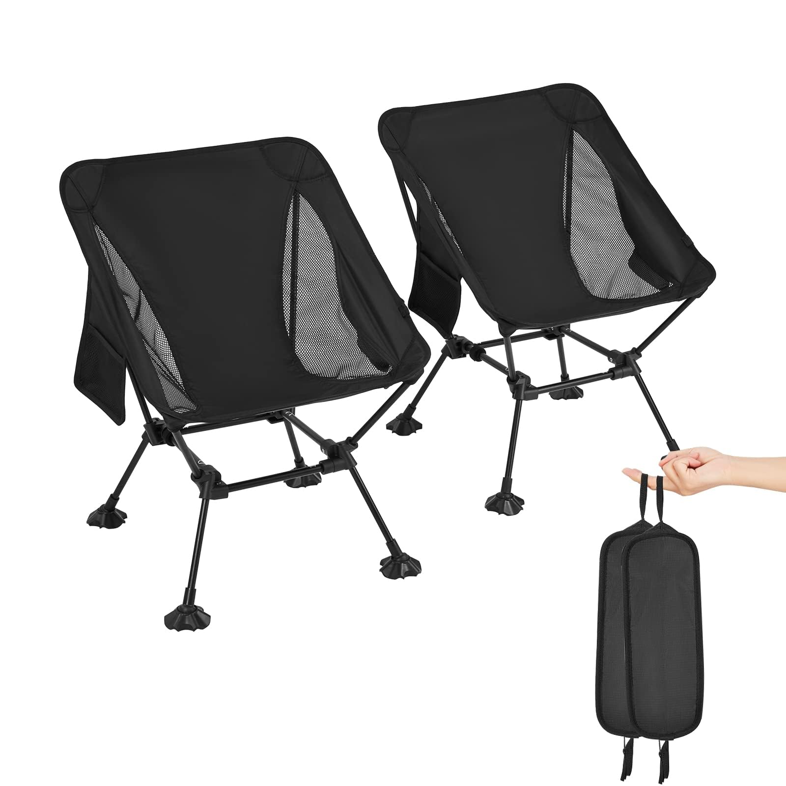 ATEPA Ultralight Foldable Tall Camping Chair 2 Pack with anti-sinking feet, shown alongside the portable carry bag for easy transport