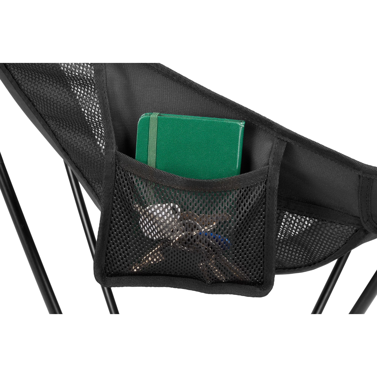 ATEPA Ultralight Tall Camping Chair mesh side pocket close-up, demonstrating convenient storage for essential items like keys and small notebooks