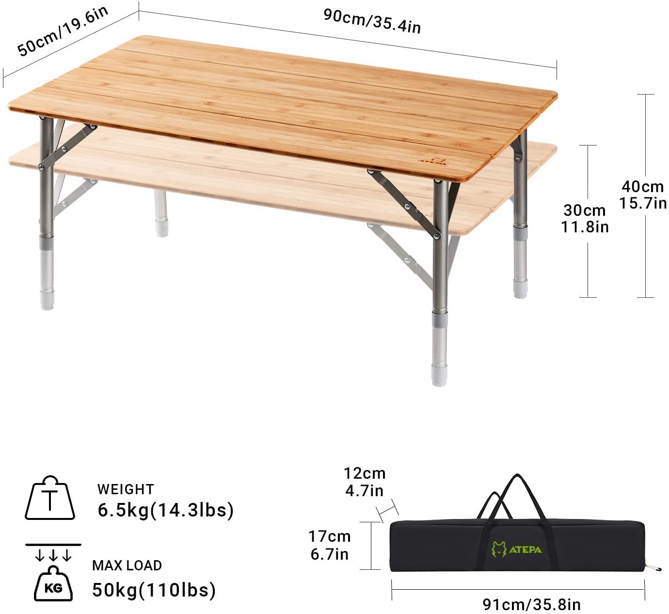 Table de camping carrée pliable en bambou ATEPA 6060