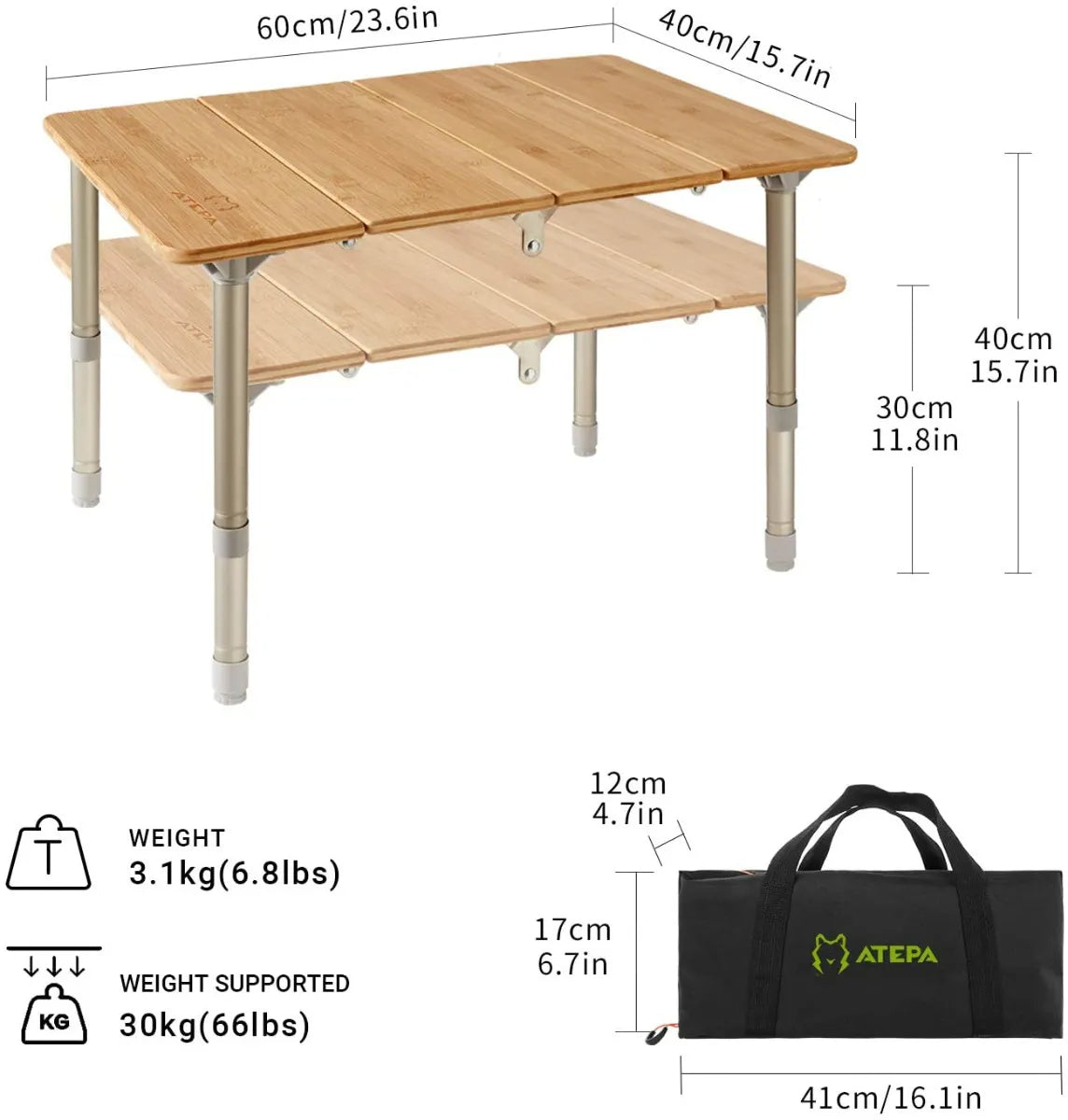Table de camping carrée pliable en bambou ATEPA 6060
