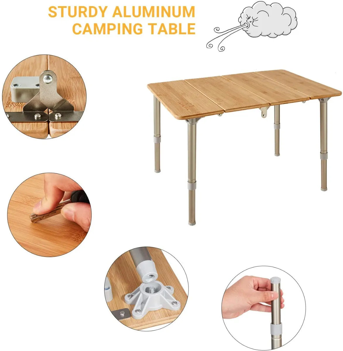 Table de camping carrée pliable en bambou ATEPA 6060