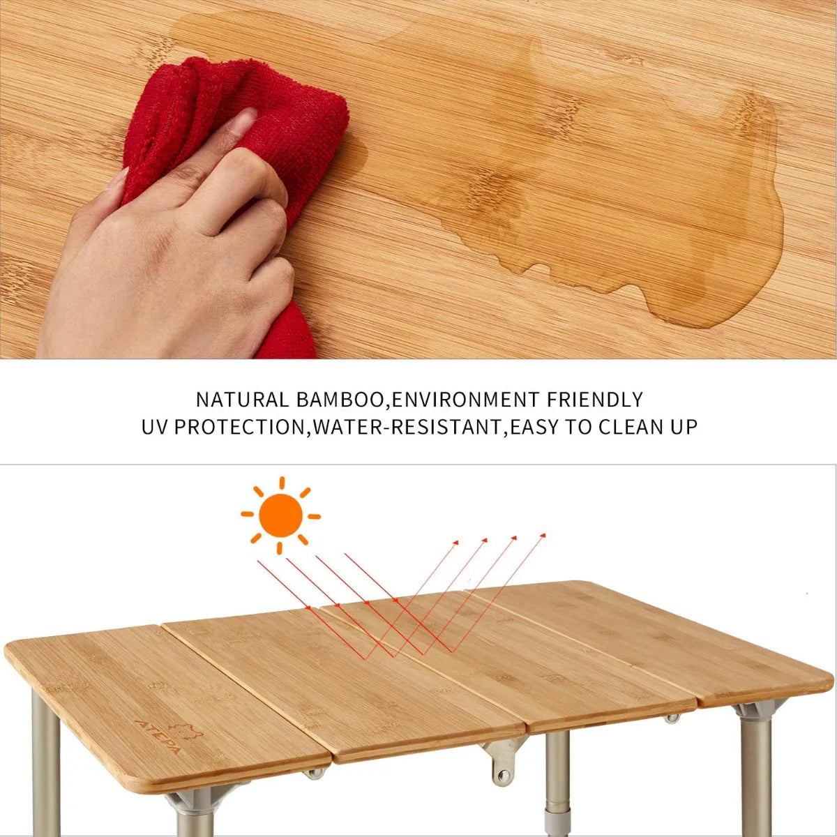 Table de camping carrée pliable en bambou ATEPA 6060