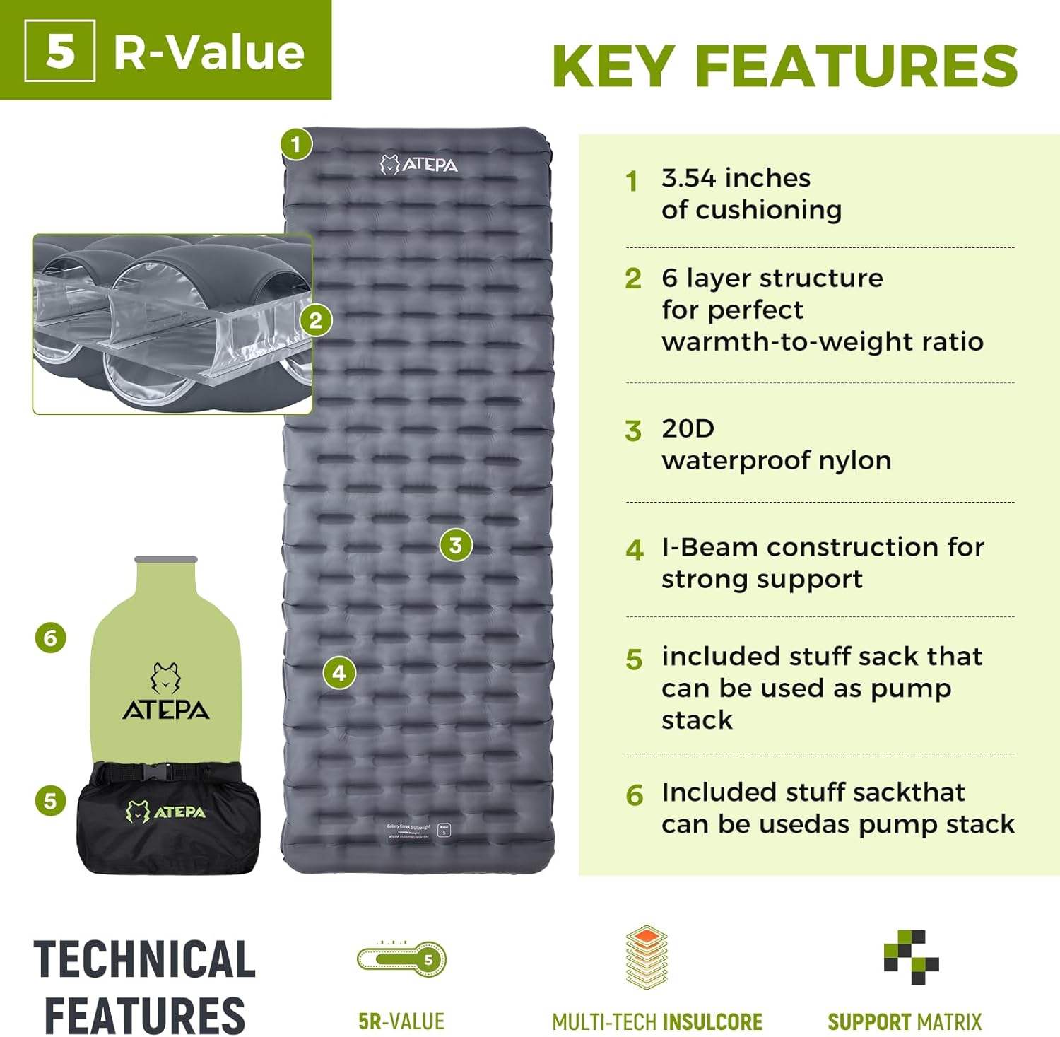ATEPA Ultralight Sleeping Pad for Backpacking R-Value 5.0 GREY