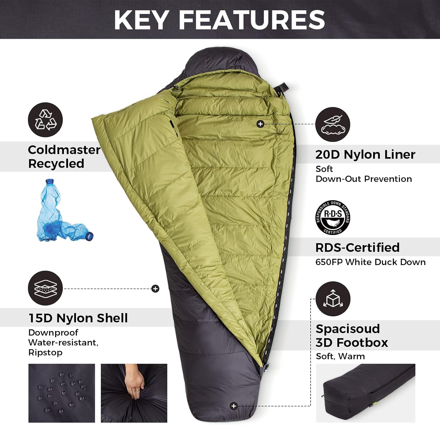 Coldmaster Daunen-Mumienschlafsack 9℉ / 42,8℉ Schwarz