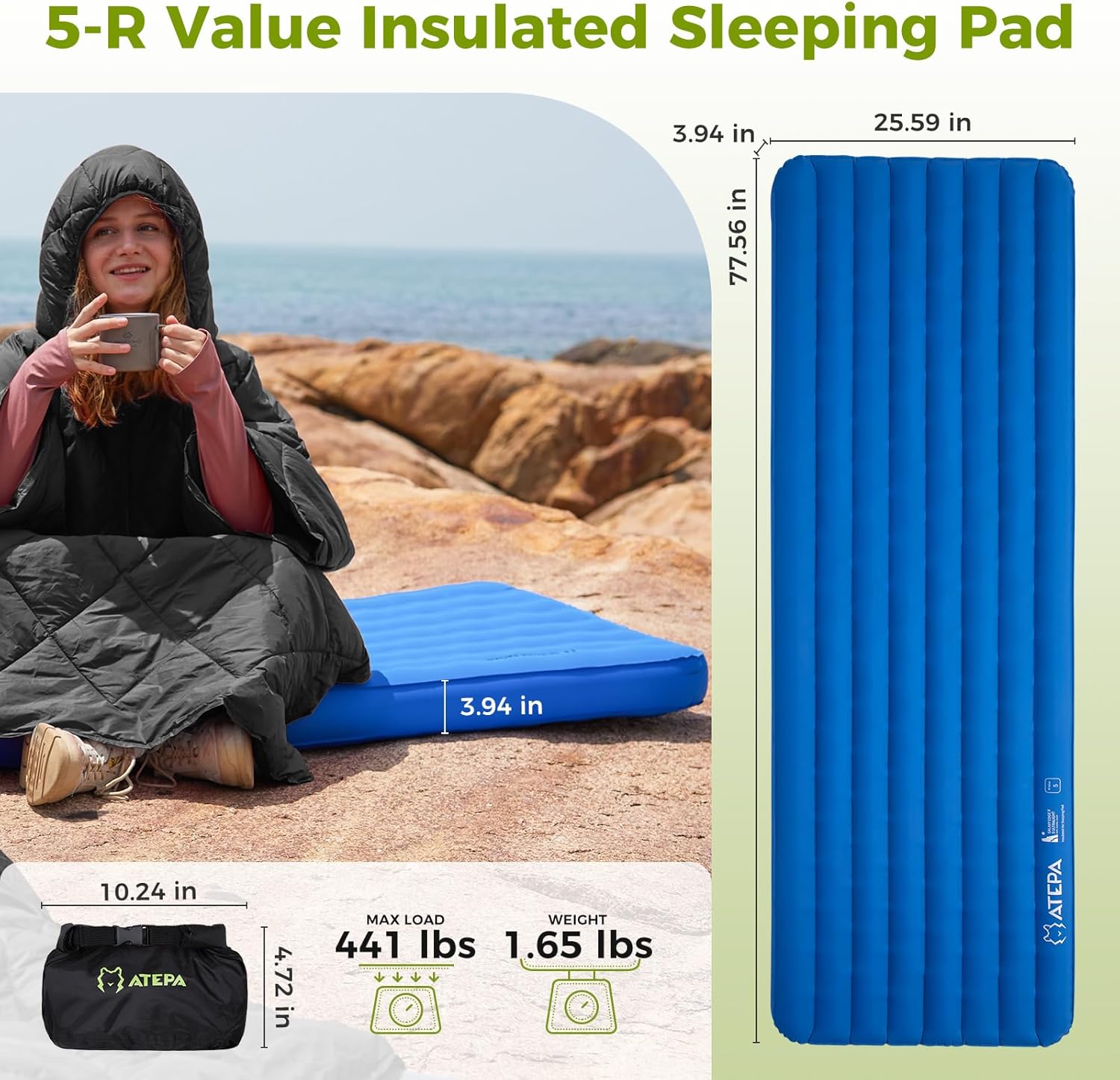 ATEPA Ultralight Insulated Sleeping Pad | R-Value 5.0 for 3 Season Backpacking ThermAir Navy