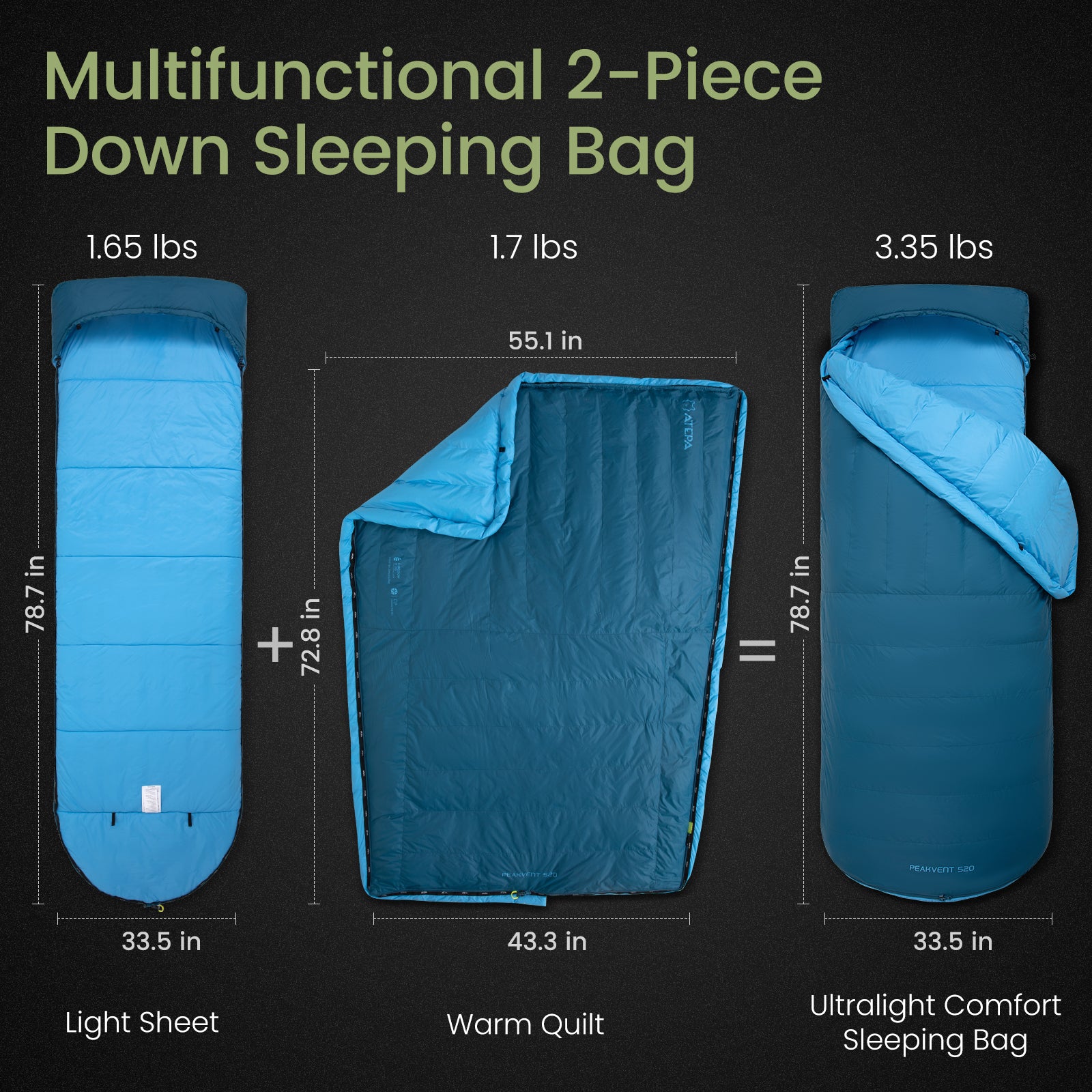 ATEPA 3-in-1 Backpacking Sleeping Bag Down Sleeping Bag 44.6°F to 10.4°F
