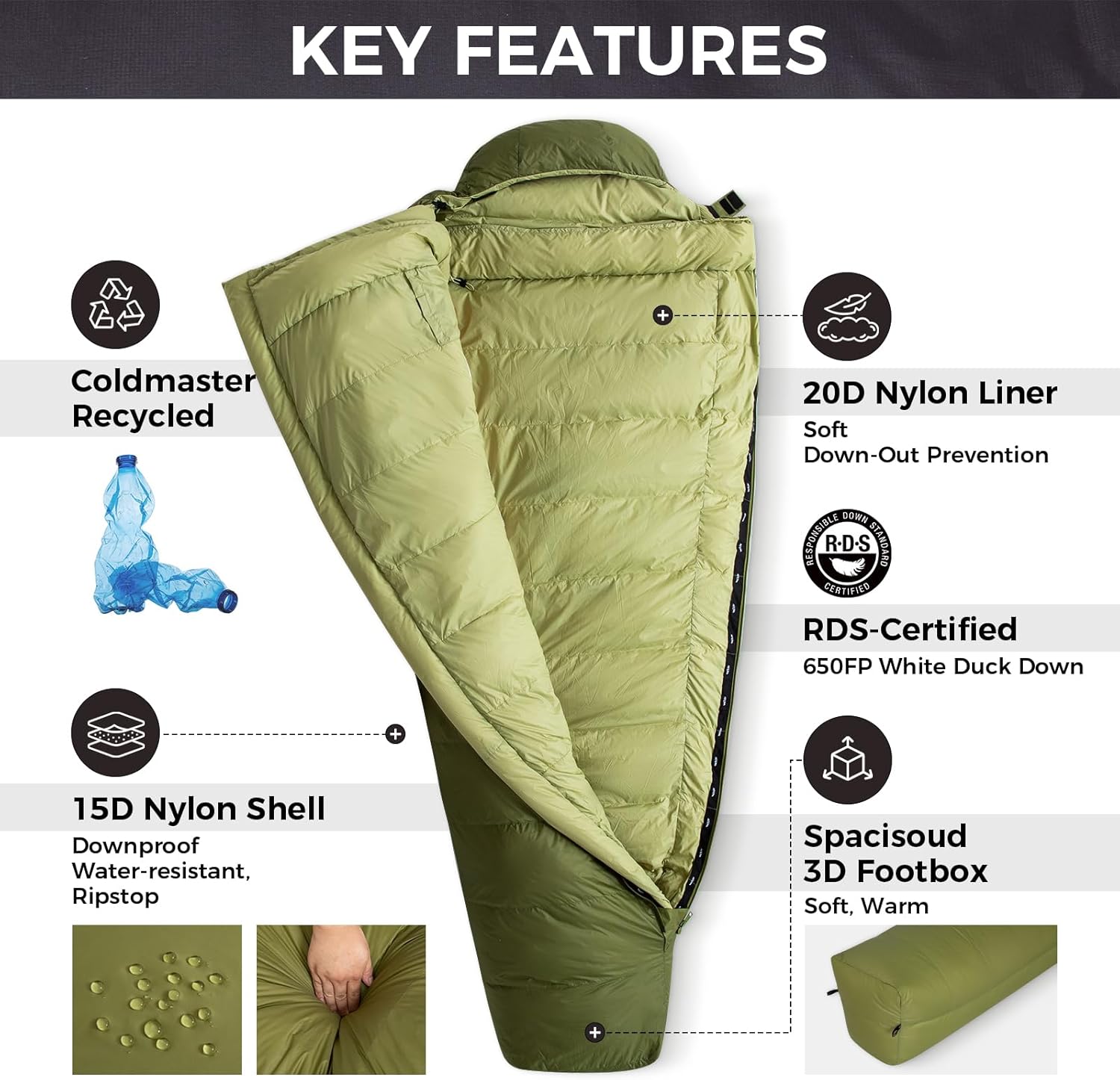 Coldmaster Daunen-Mumienschlafsack 9℉ / 42,8℉ Grün