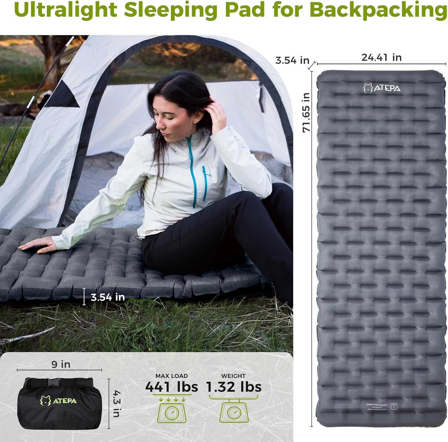 ATEPA Ultralight Sleeping Pad for Backpacking R-Value 5.0 GREY