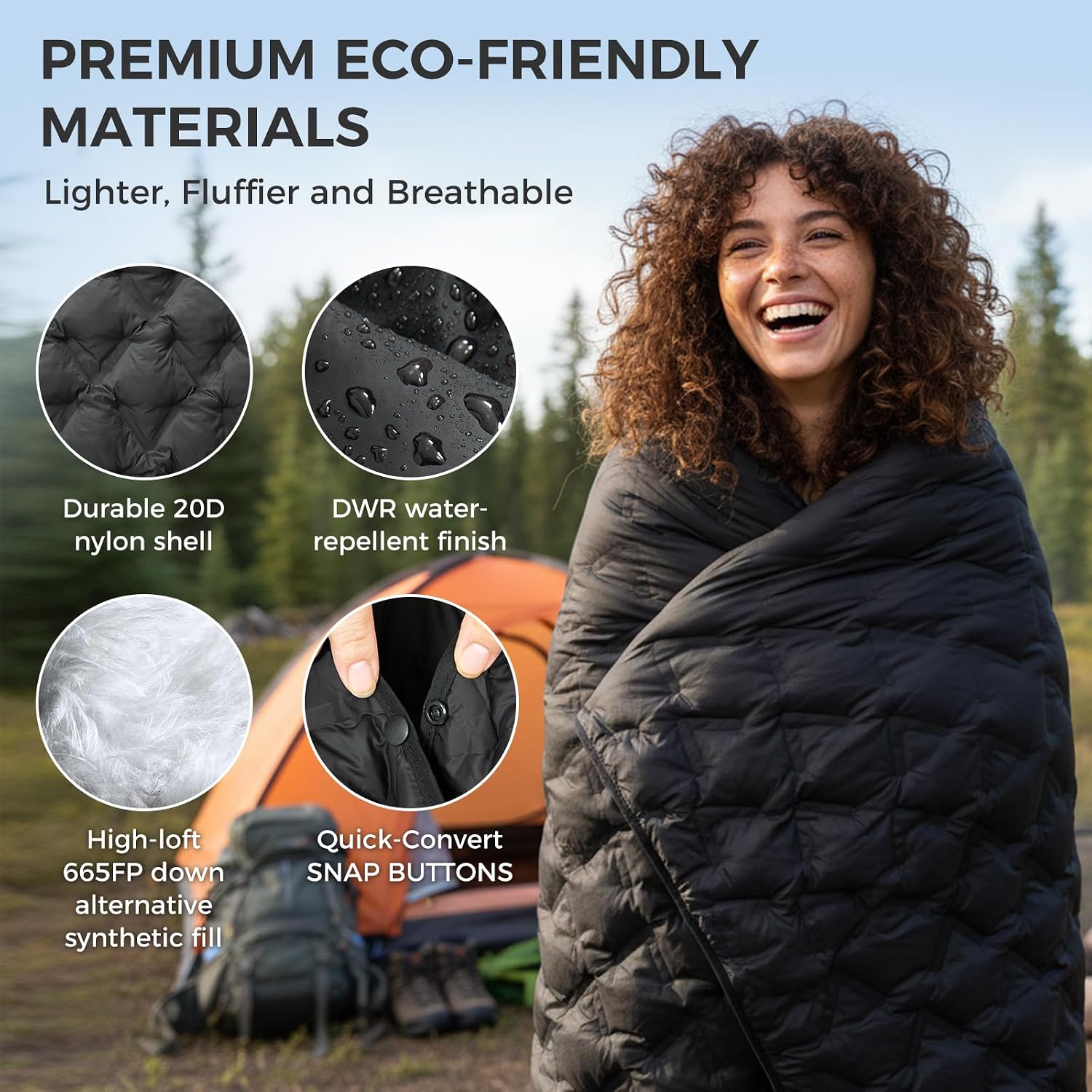 ATEPA AERO Down Camping Blanket, Lightweight Packable Puffy Blanket with Recycled Down Alternative Insulation, Water-Resistant Outdoor Quilt for Backpacking, Stadium, Festival, 78" x 57", Black