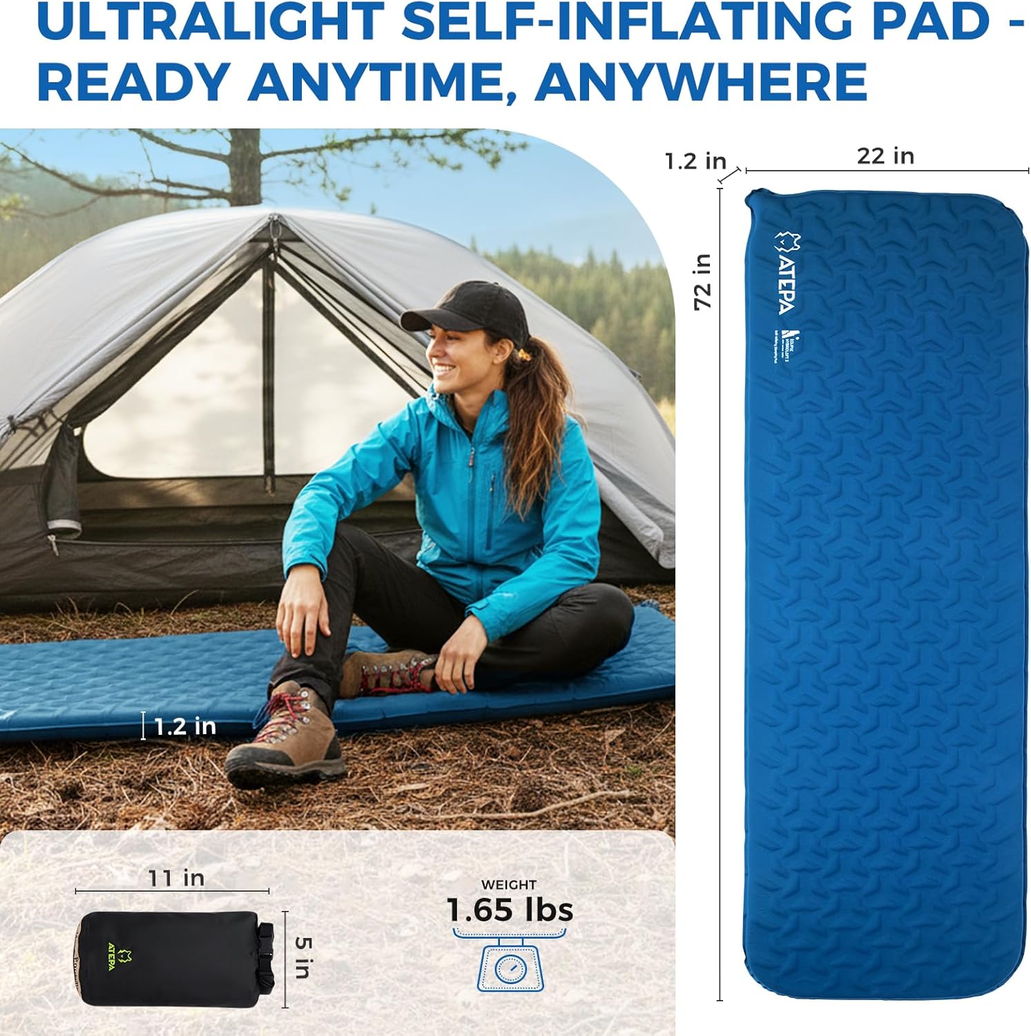 ATEPA Self-Inflating Sleeping Pad With Compact Foam for Backpacking 3 Season Mat HybridLoft Navy