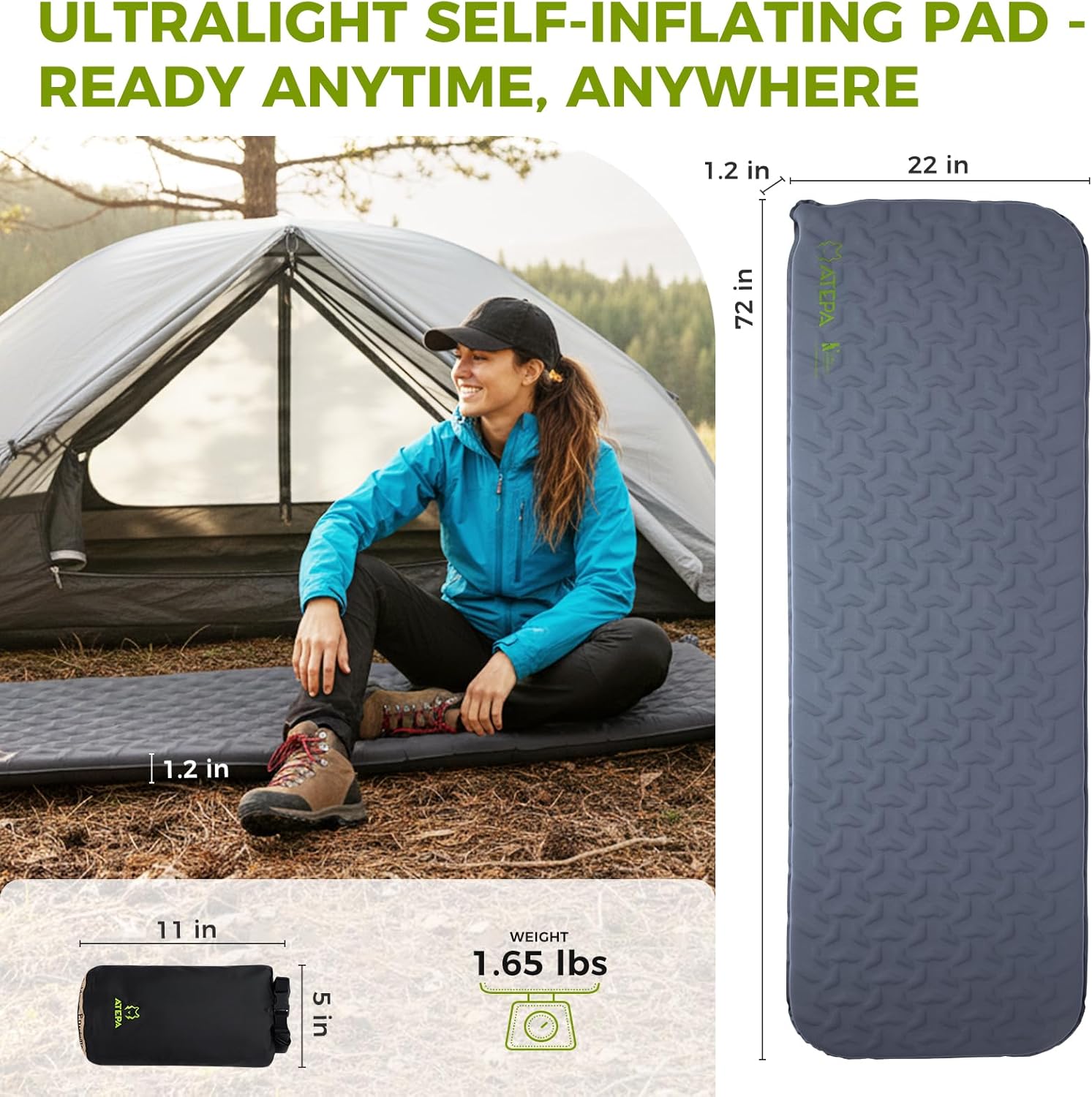 ATEPA Self-Inflating Sleeping Pad With Compact Foam for Backpacking 3 Season Mat HybridLoft Grey