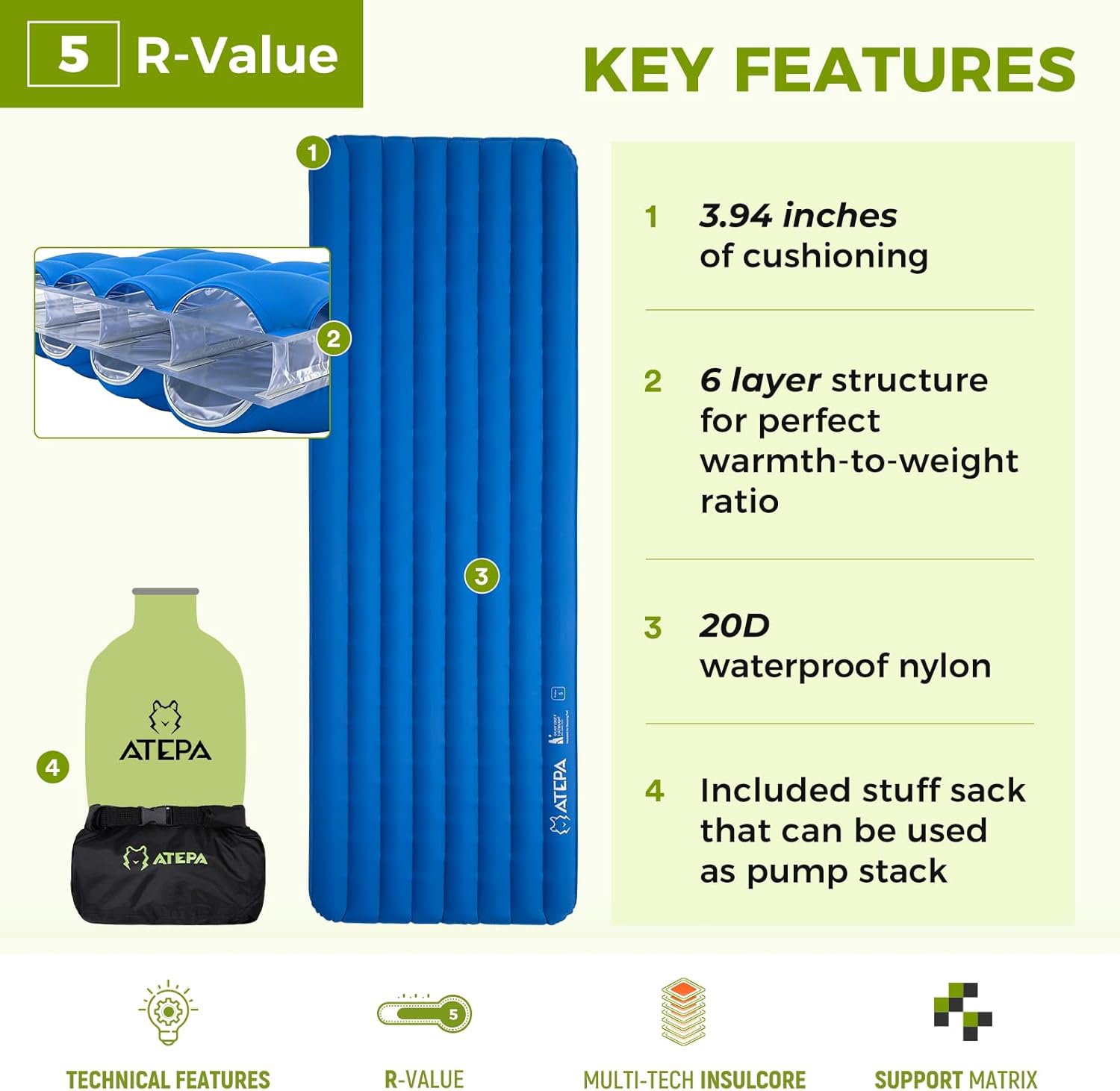 ATEPA Ultralight Insulated Sleeping Pad | R-Value 5.0 for 3 Season Backpacking ThermAir Navy