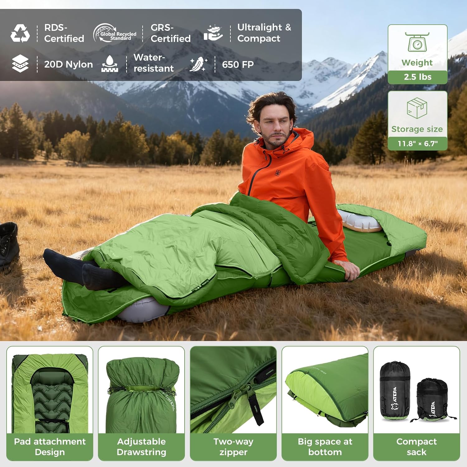 ATEPA Bulwark 300 Down Sleeping Bag Envelope With Hood Green