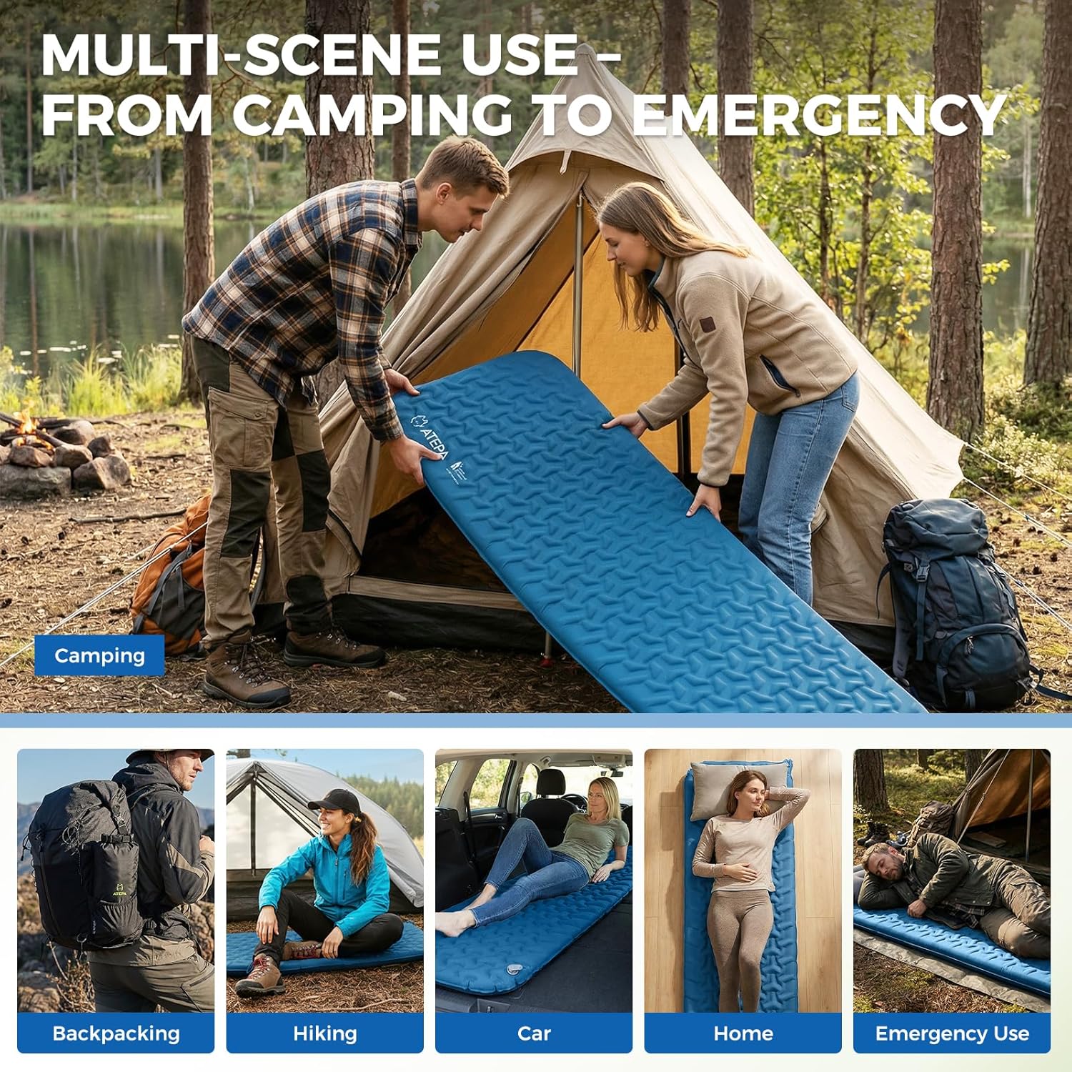 ATEPA Self-Inflating Sleeping Pad With Compact Foam for Backpacking 3 Season Mat HybridLoft Navy