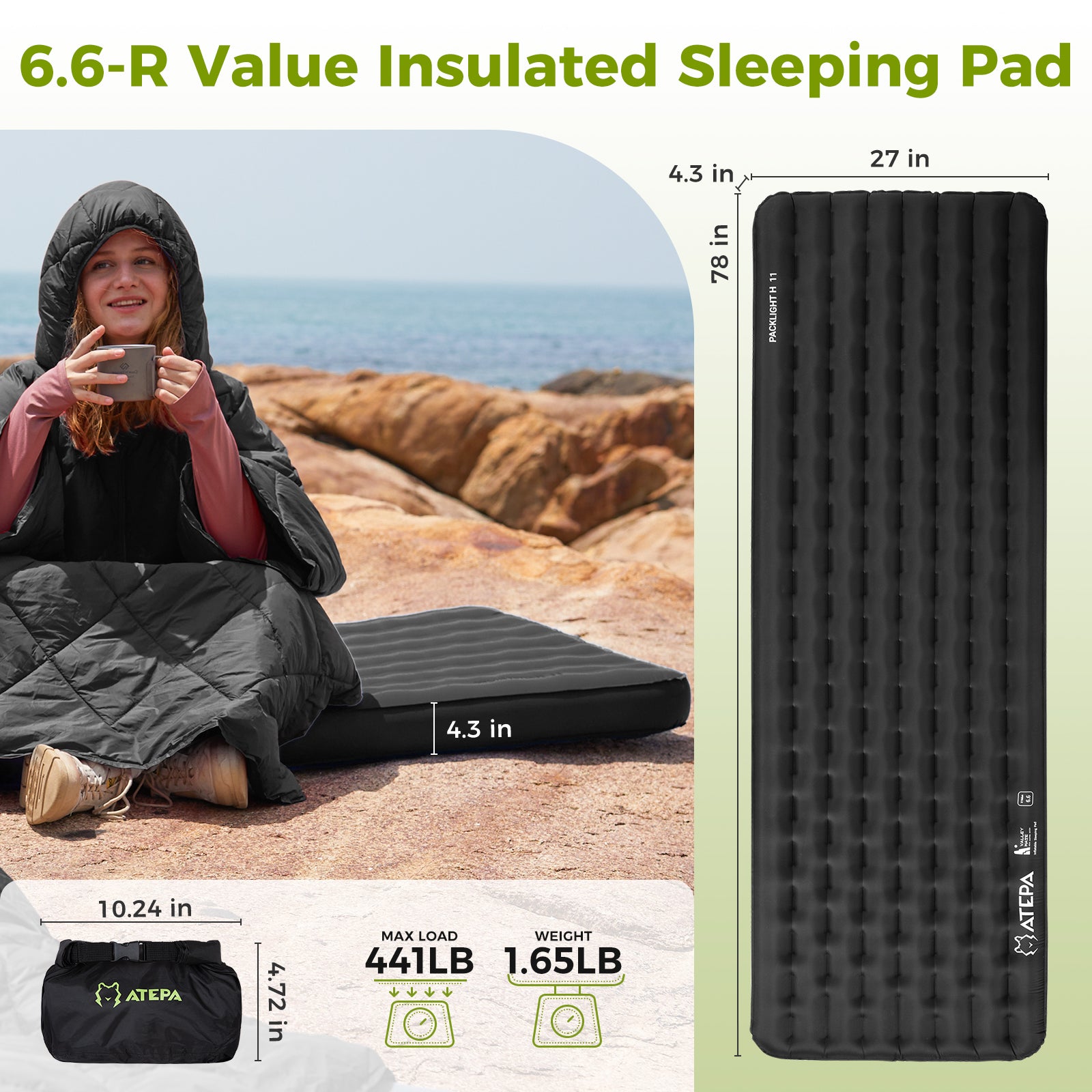 ATEPA Black All-Season Insulated Sleeping Pad | R-Value 6.6 Comfort