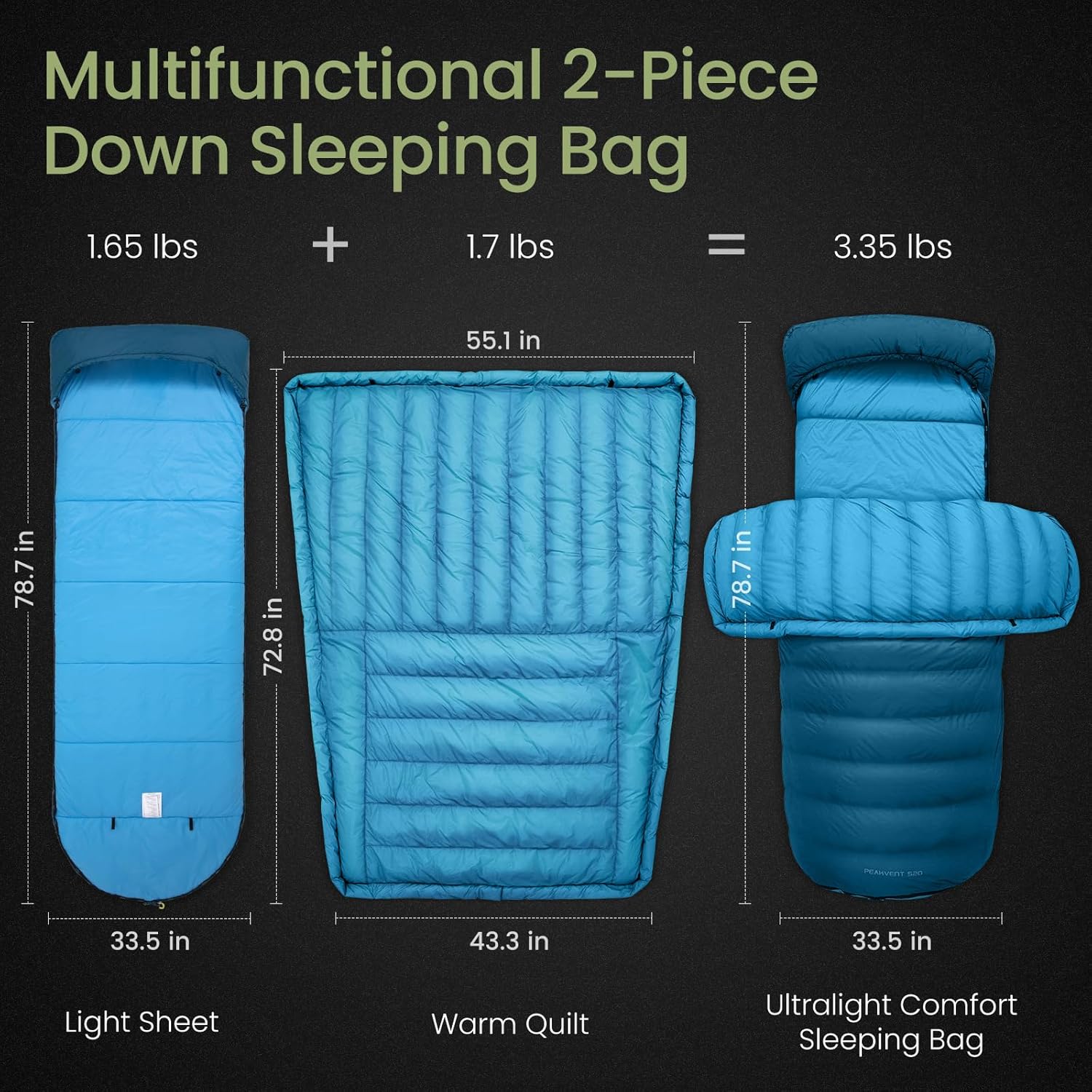 ATEPA 3-in-1 Backpacking Sleeping Bag Down Sleeping Bag 44.6°F to 10.4°F