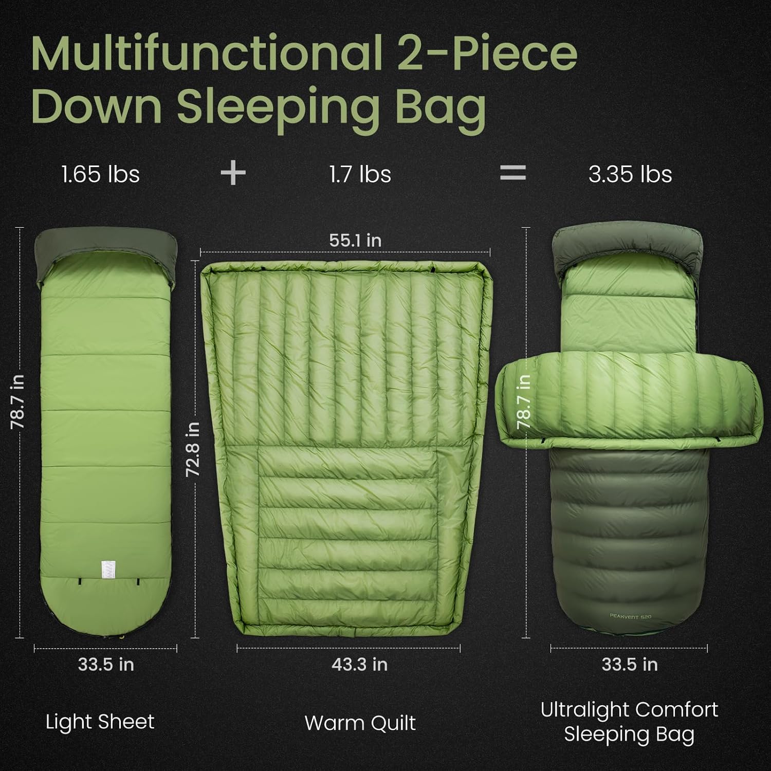 ATEPA 3-in-1 Backpacking Sleeping Bag Down Sleeping Bag 44.6°F to 10.4°F