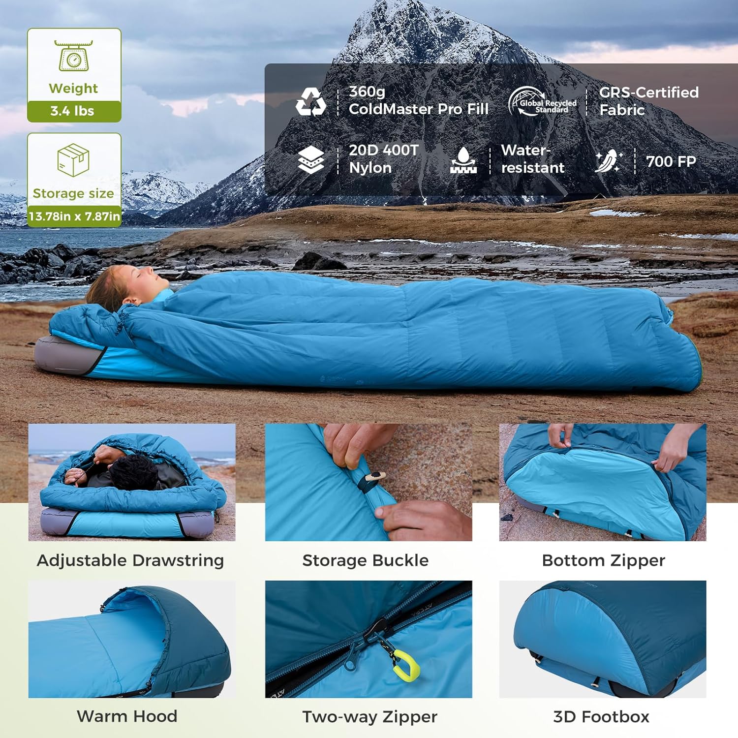 Sac de couchage de randonnée 3 en 1 ATEPA, sac de couchage en duvet de 7 °C à 10,4 °C