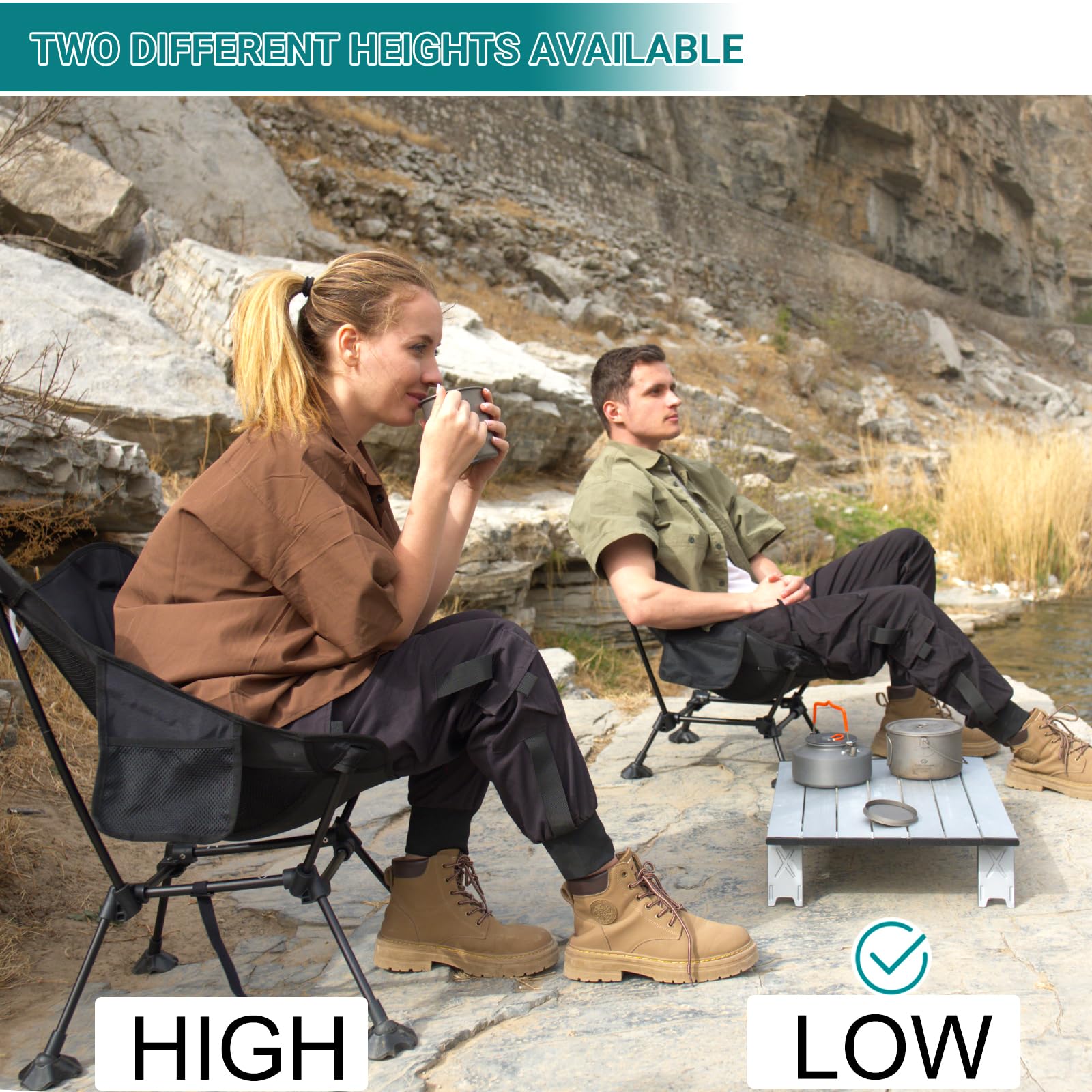 ATEPA Foldable Camping Chair set showing two different seating heights (High and Low) used by a couple relaxing on a rocky trail or riverbank.