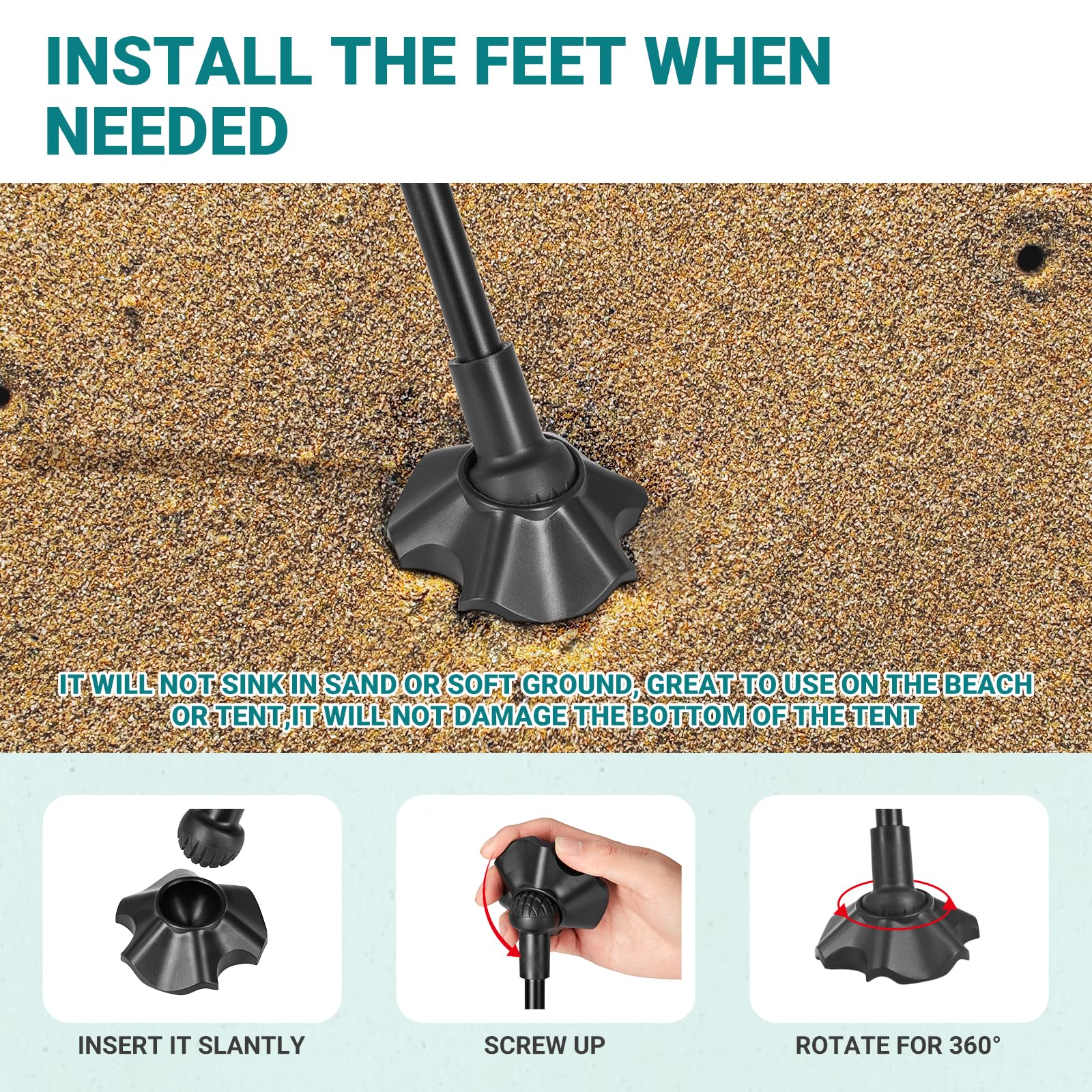 ATEPA Low Chair sand-proof feet detail, showing the anti-sinking design and easy installation on soft ground or beach