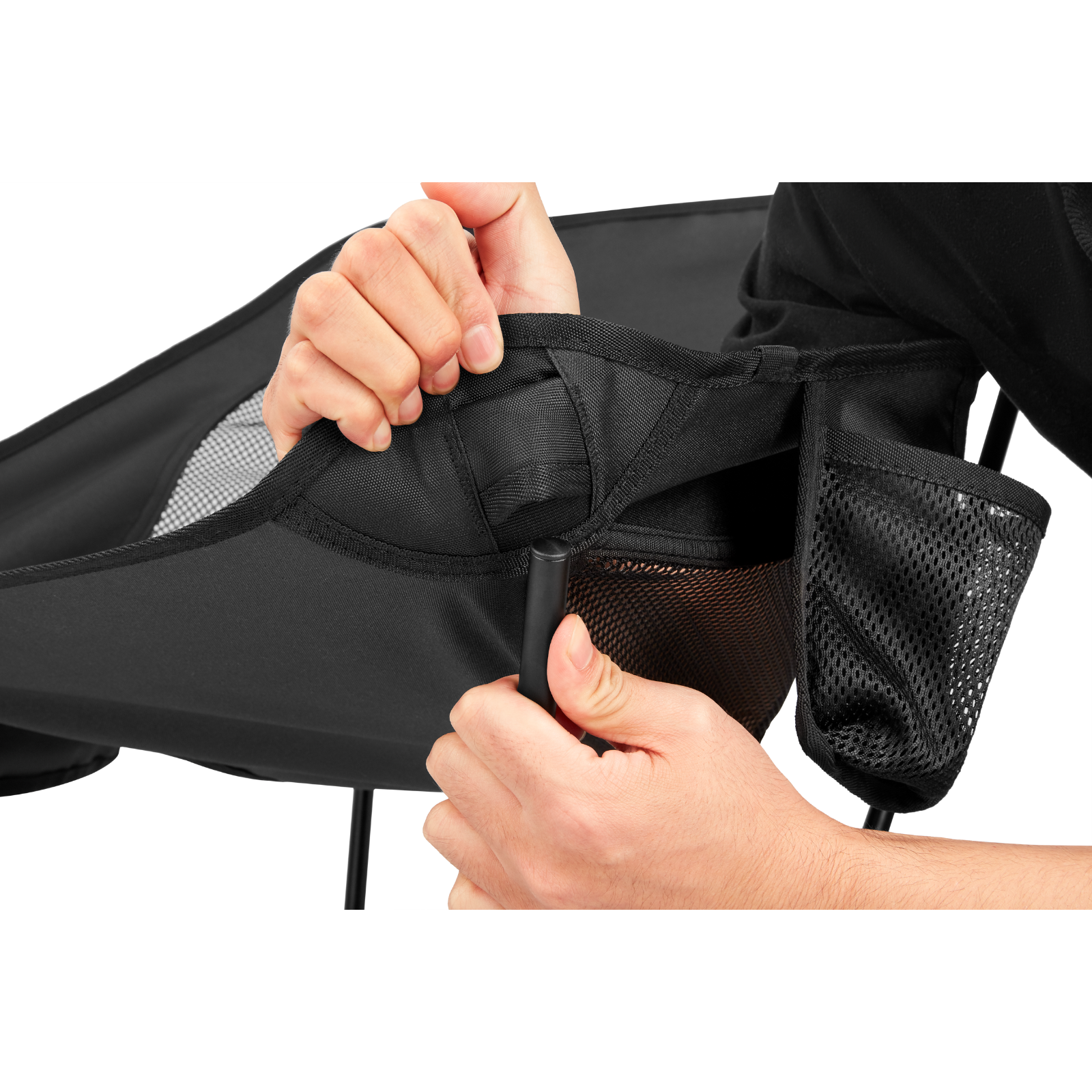 ATEPA Tall Camping Chair fabric-to-frame connection point close-up, highlighting the durable corner stitching and the mesh side pocket insertion detail