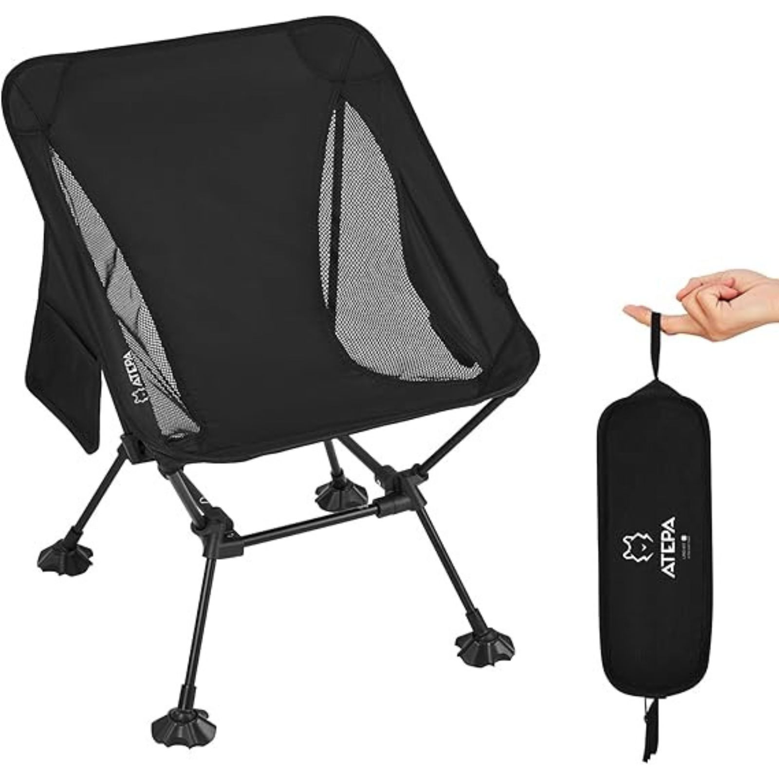 ATEPA Ultralight Tall Camping Chair Black single unit, emphasizing the portable design and compact size when placed in the carry bag
