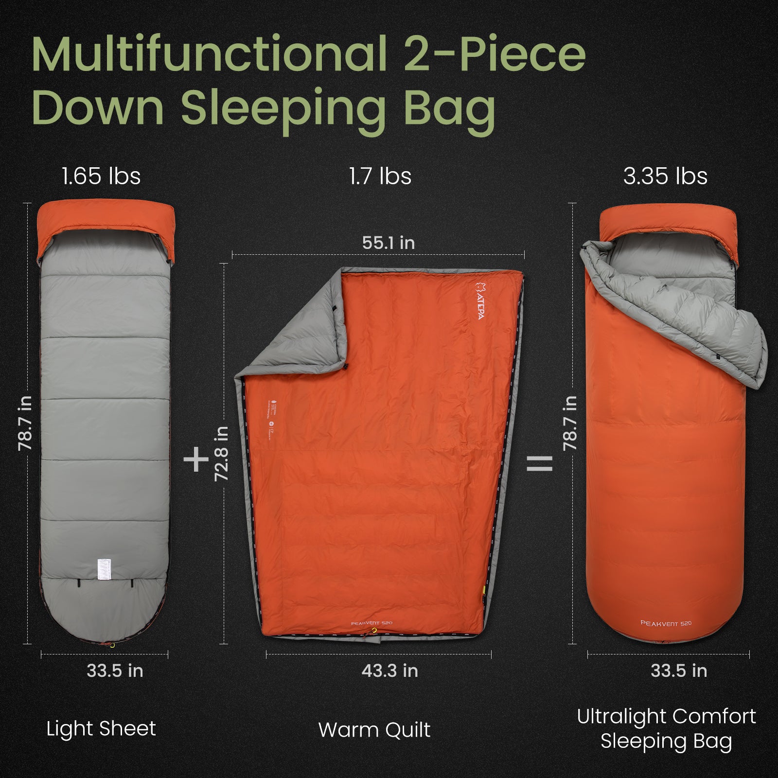 Atepa 3 in 1 Down Backpacking Sleeping Bag 44.6F to 10.4F Orange