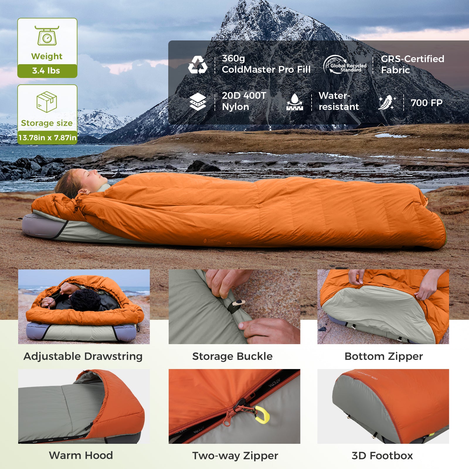 ATEPA 3-in-1 Backpacking Sleeping Bag Down Sleeping Bag 44.6°F to 10.4°F