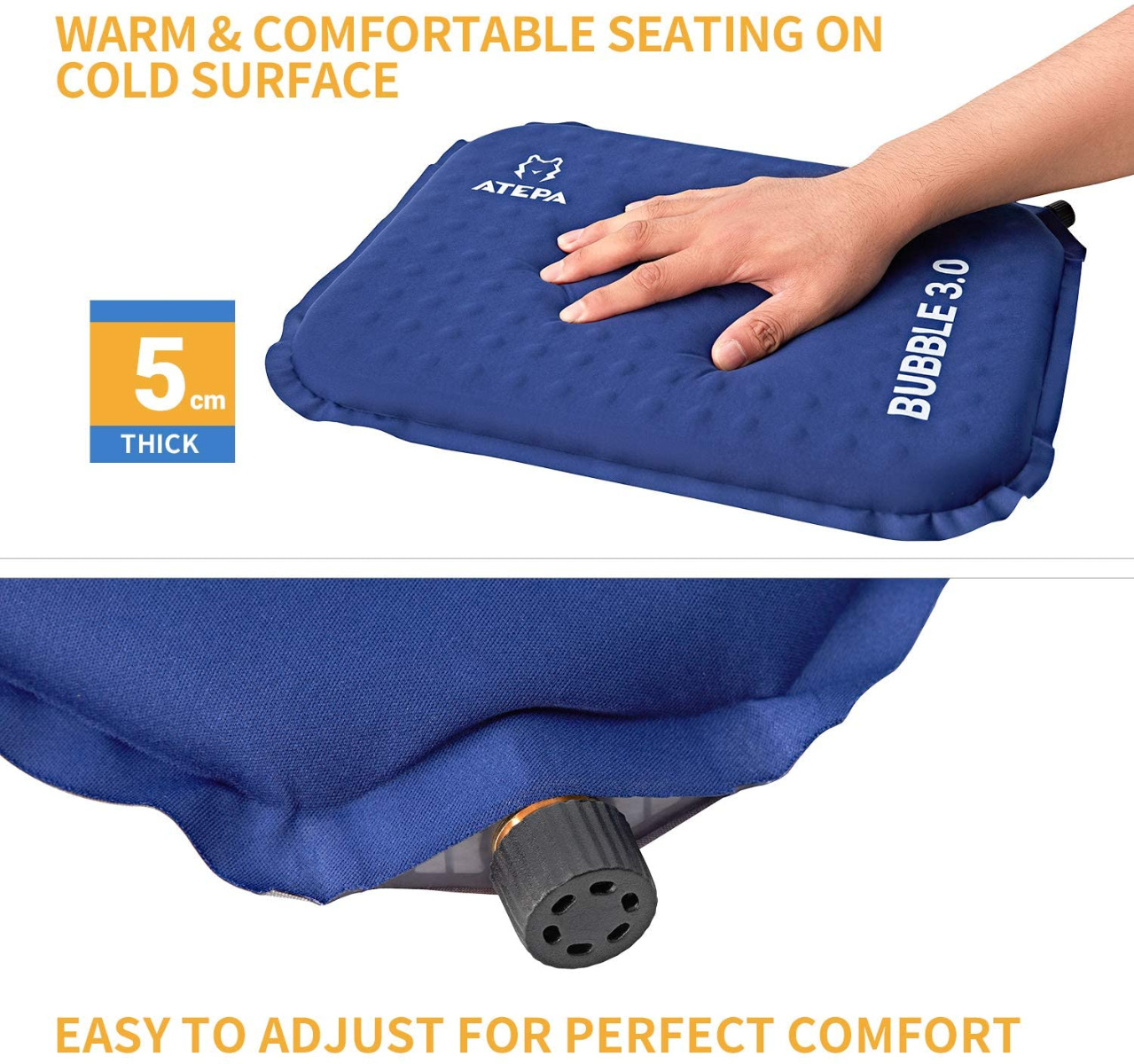 ATEPA【1-Pack & 2-Pack Self-Inflating Insulated Seat Cushion for Stadium Bleacher Camping Pressure Relief Travel Lumbar Support 5CM Thick with Carrying Bag Sports Air Plane Ride 